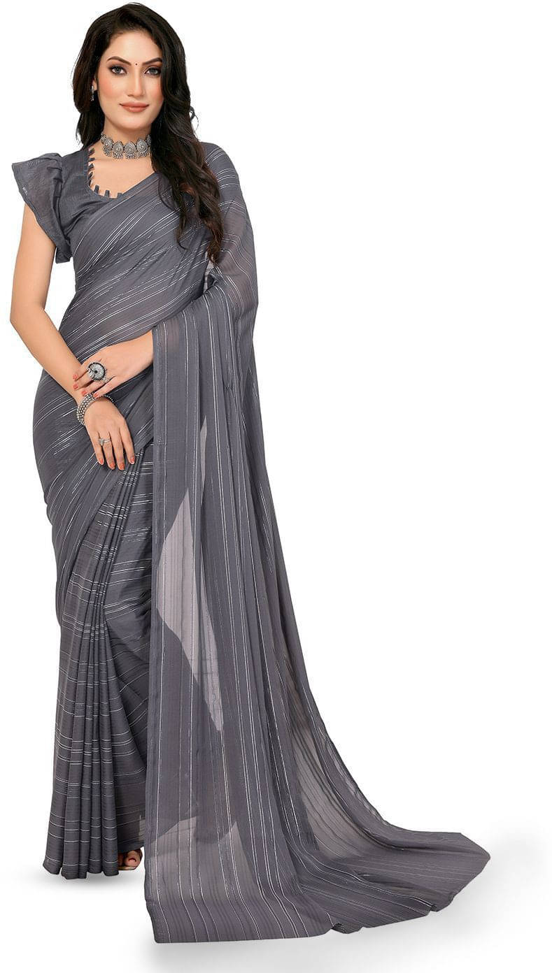     			ANAND SAREES Satin Striped Regular Saree With Unstitched Blouse Piece ( Grey )