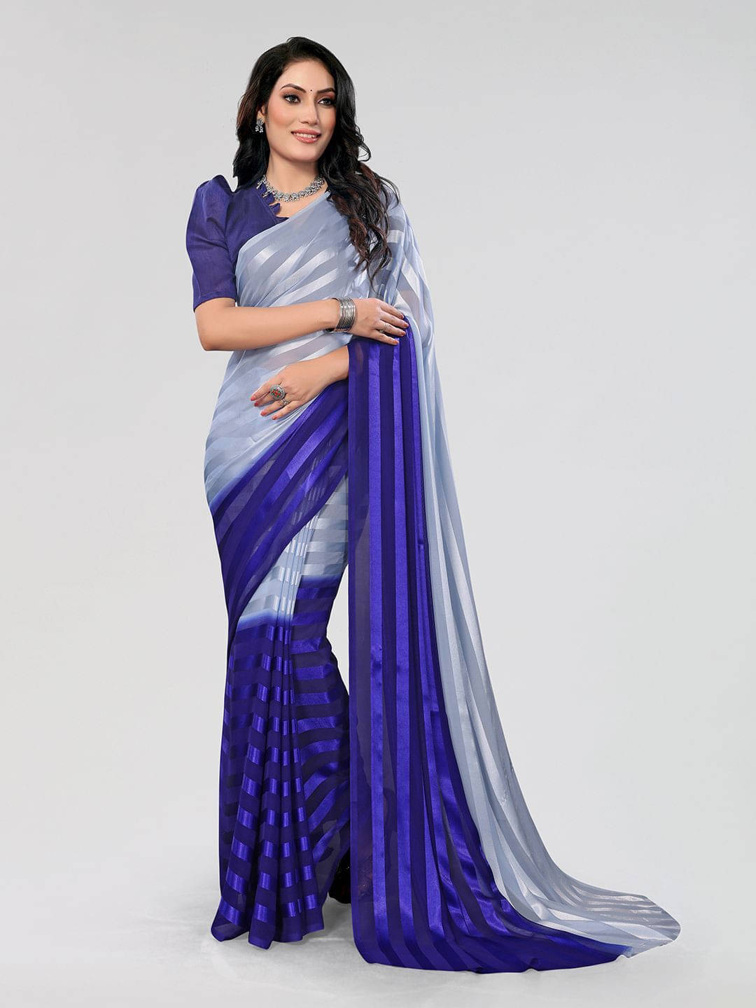 ANAND SAREES Satin Striped Regular Saree With Unstitched Blouse Piece ( Blue ) ANAND SAREES Satin Striped Regular Saree With Unstitched Blouse Piece ( Blue )