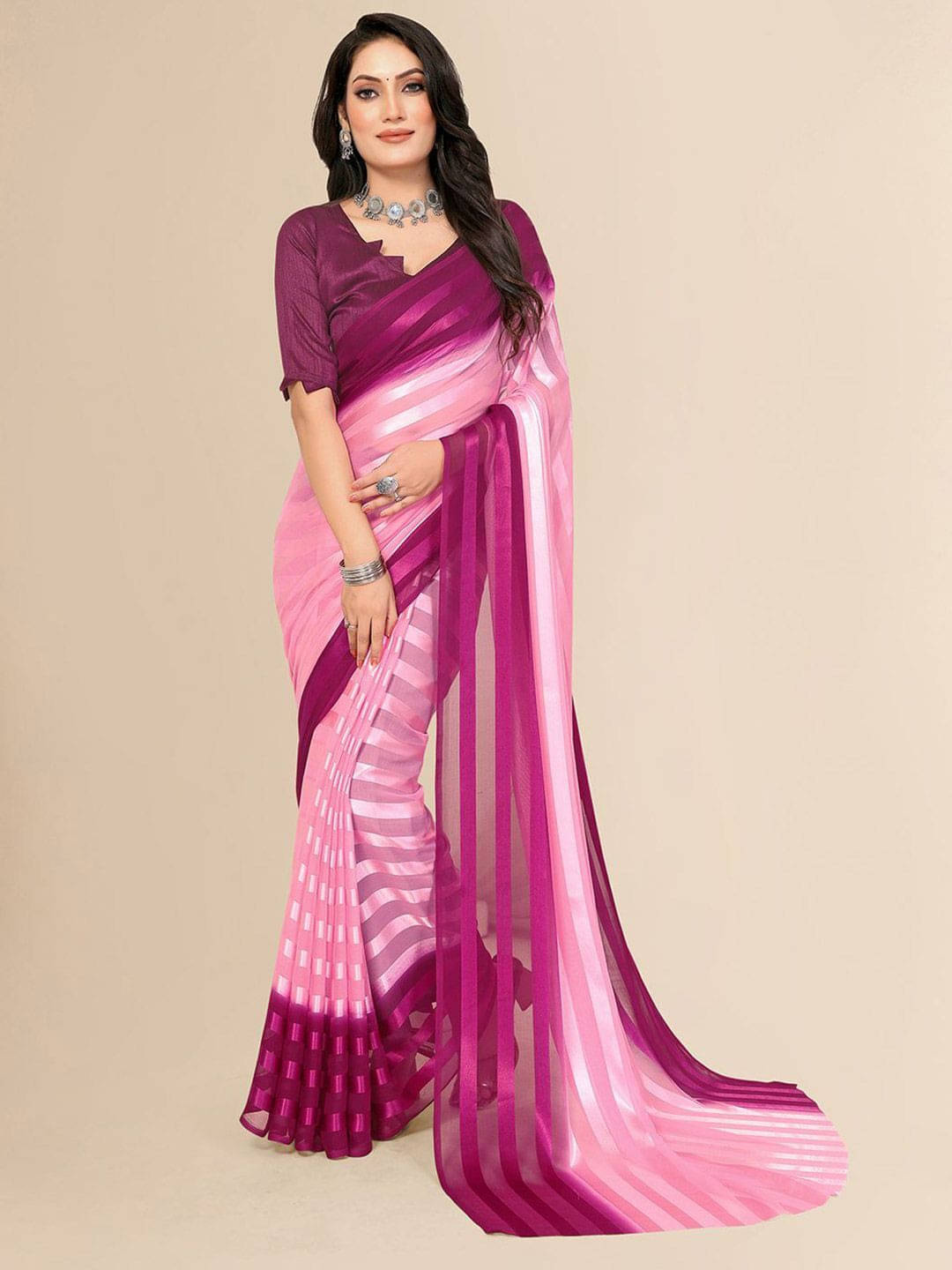 ANAND SAREES Satin Striped Regular Saree With Unstitched Blouse Piece ( Purple ) ANAND SAREES Satin Striped Regular Saree With Unstitched Blouse Piece ( Purple )