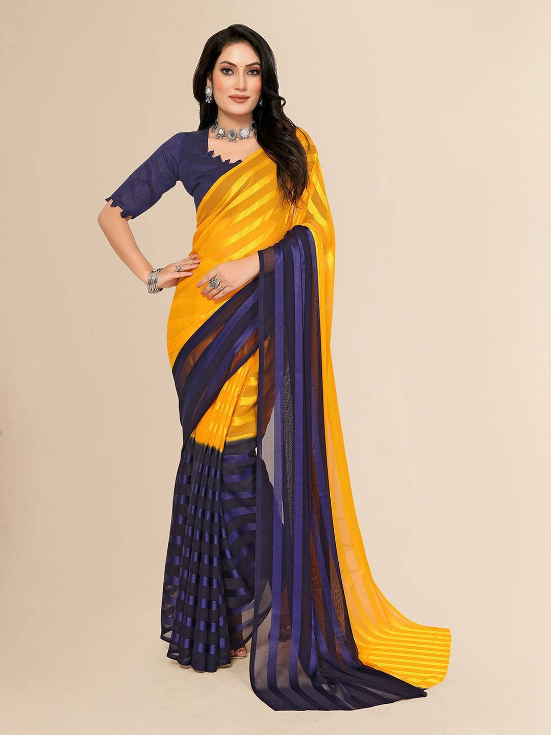 ANAND SAREES Satin Striped Regular Saree With Unstitched Blouse Piece ( Yellow ) ANAND SAREES Satin Striped Regular Saree With Unstitched Blouse Piece ( Yellow )