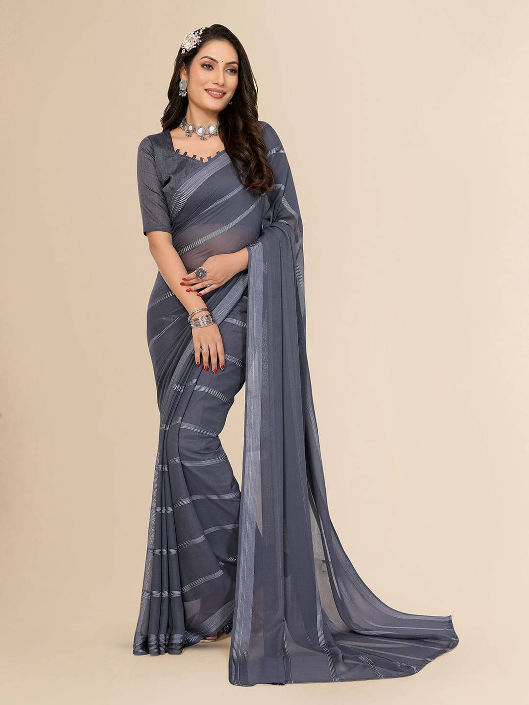 ANAND SAREES Satin Striped Regular Saree With Unstitched Blouse Piece ( Grey ) ANAND SAREES Satin Striped Regular Saree With Unstitched Blouse Piece ( Grey )