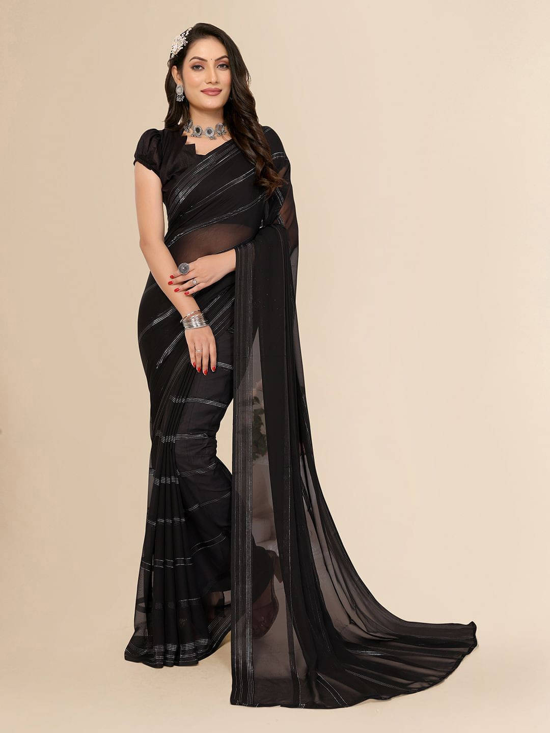 ANAND SAREES Satin Striped Regular Saree With Unstitched Blouse Piece ( Black ) ANAND SAREES Satin Striped Regular Saree With Unstitched Blouse Piece ( Black )