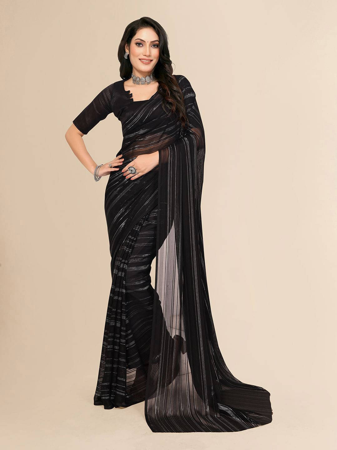     			ANAND SAREES Satin Striped Regular Saree With Unstitched Blouse Piece ( Black )