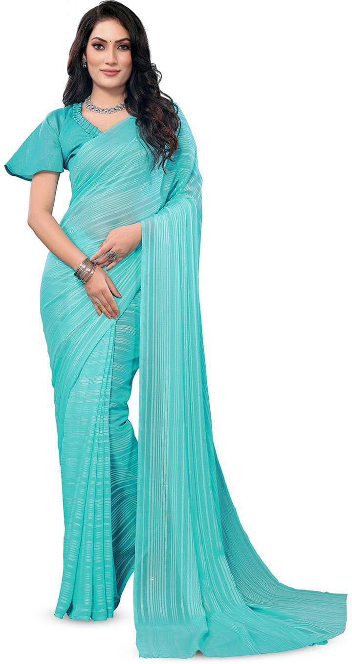     			ANAND SAREES Satin Striped Regular Saree With Unstitched Blouse Piece ( Blue )