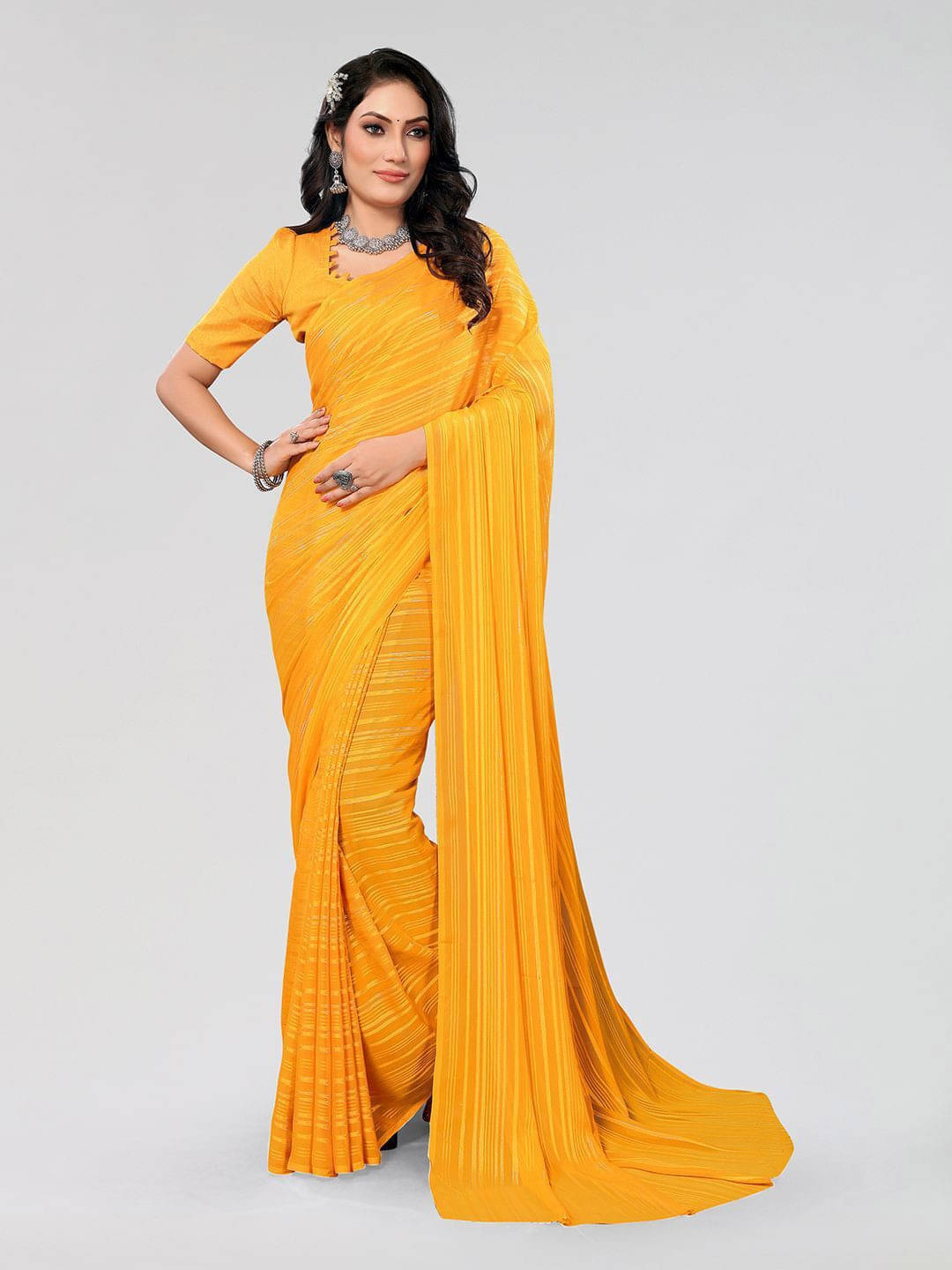 ANAND SAREES Satin Striped Regular Saree With Unstitched Blouse Piece ( Yellow ) ANAND SAREES Satin Striped Regular Saree With Unstitched Blouse Piece ( Yellow )