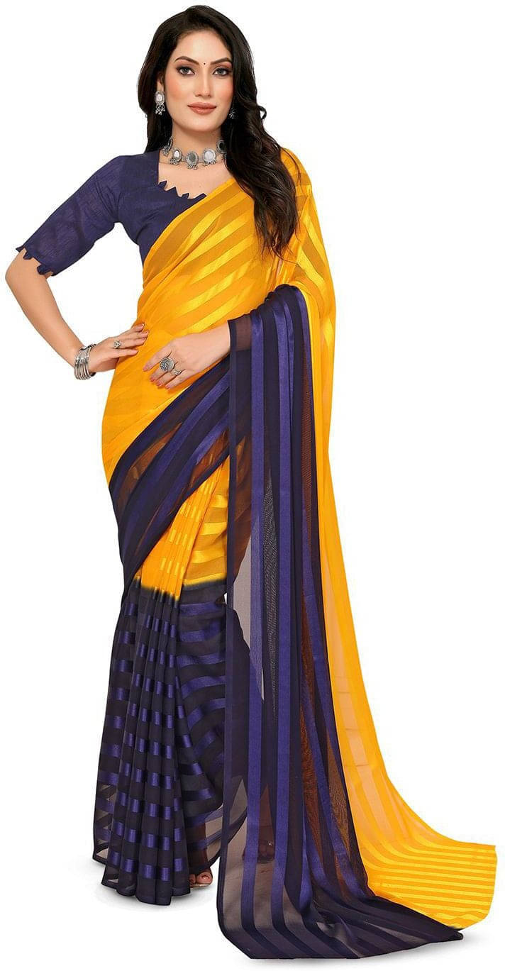     			ANAND SAREES Satin Striped Regular Saree With Unstitched Blouse Piece ( Yellow )