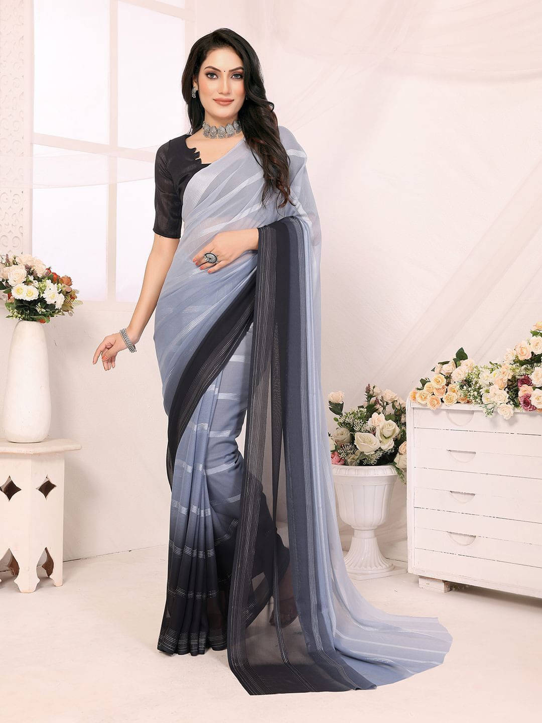 ANAND SAREES Satin Striped Regular Saree With Unstitched Blouse Piece ( Grey )     			ANAND SAREES Satin Striped Regular Saree With Unstitched Blouse Piece ( Grey )