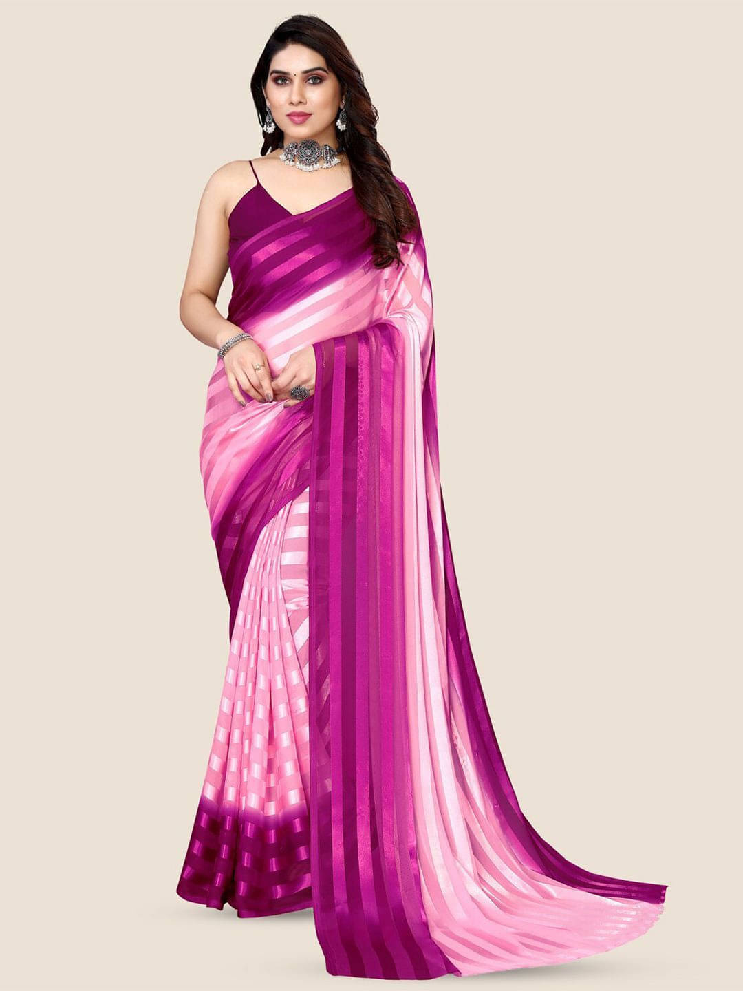     			ANAND SAREES Satin Striped Regular Saree With Unstitched Blouse Piece ( Purple )