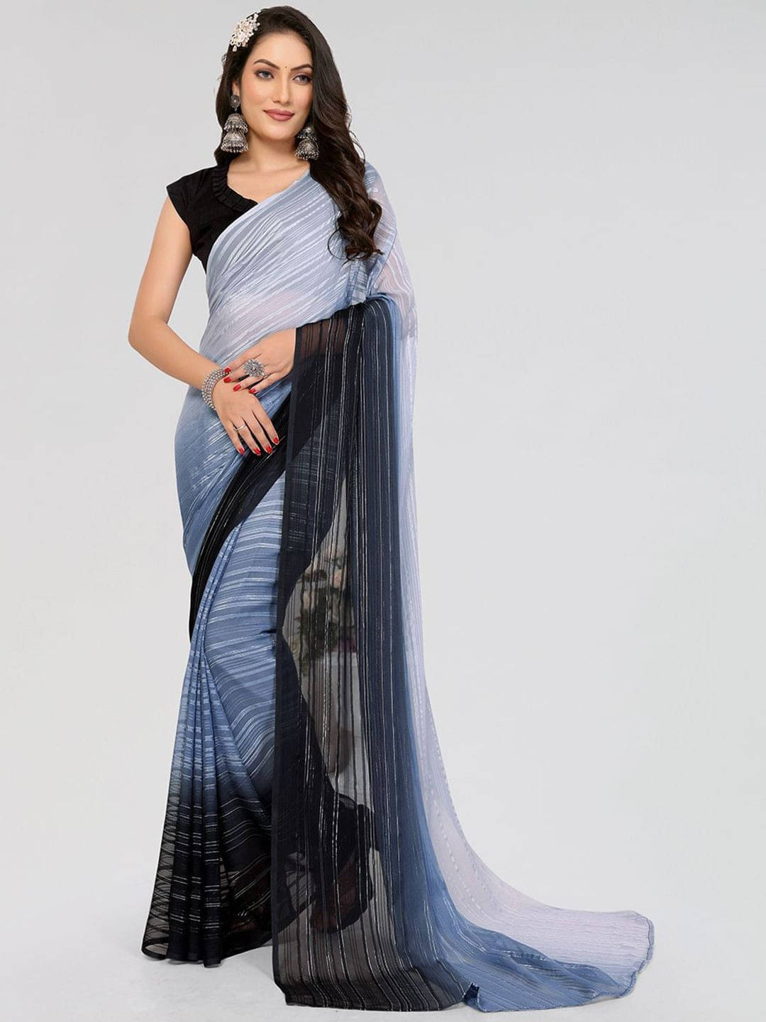     			ANAND SAREES Satin Striped Regular Saree With Unstitched Blouse Piece ( Grey )
