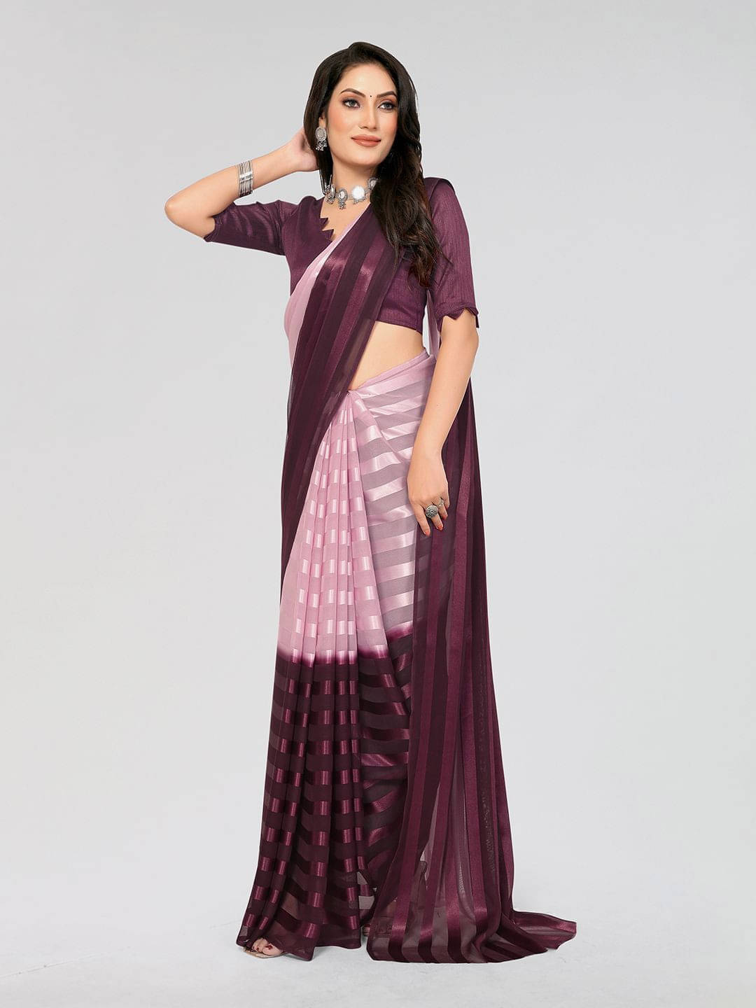     			ANAND SAREES Satin Striped Regular Saree With Unstitched Blouse Piece ( Purple )