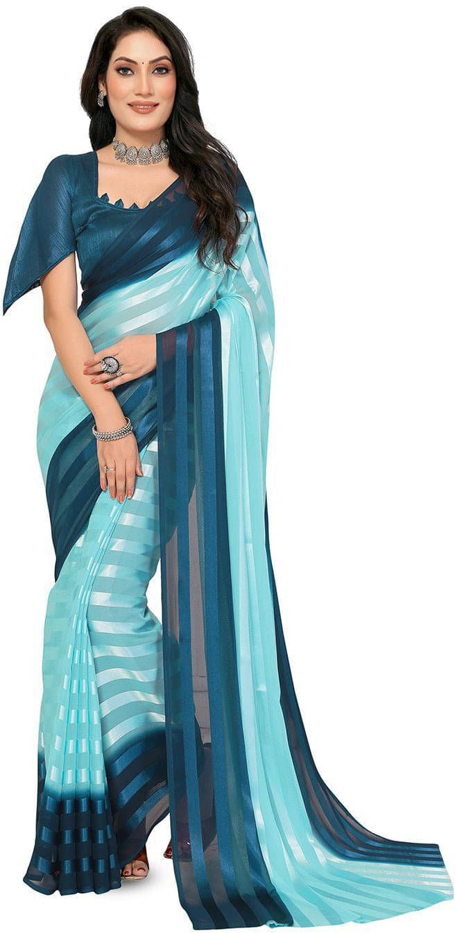 ANAND SAREES Satin Striped Regular Saree With Unstitched Blouse Piece ( Blue ) ANAND SAREES Satin Striped Regular Saree With Unstitched Blouse Piece ( Blue )
