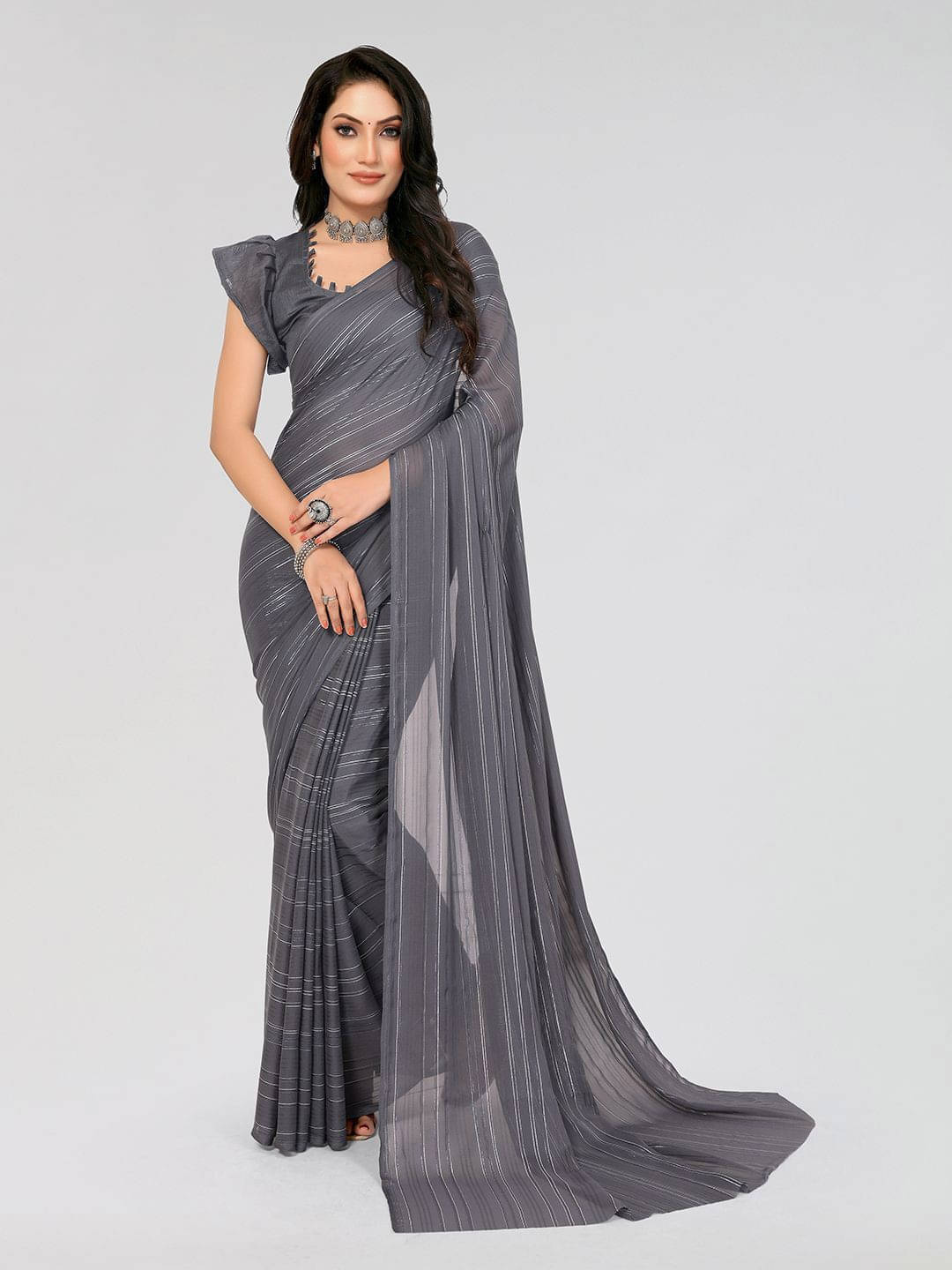 ANAND SAREES Satin Striped Regular Saree With Unstitched Blouse Piece ( Grey )     			ANAND SAREES Satin Striped Regular Saree With Unstitched Blouse Piece ( Grey )