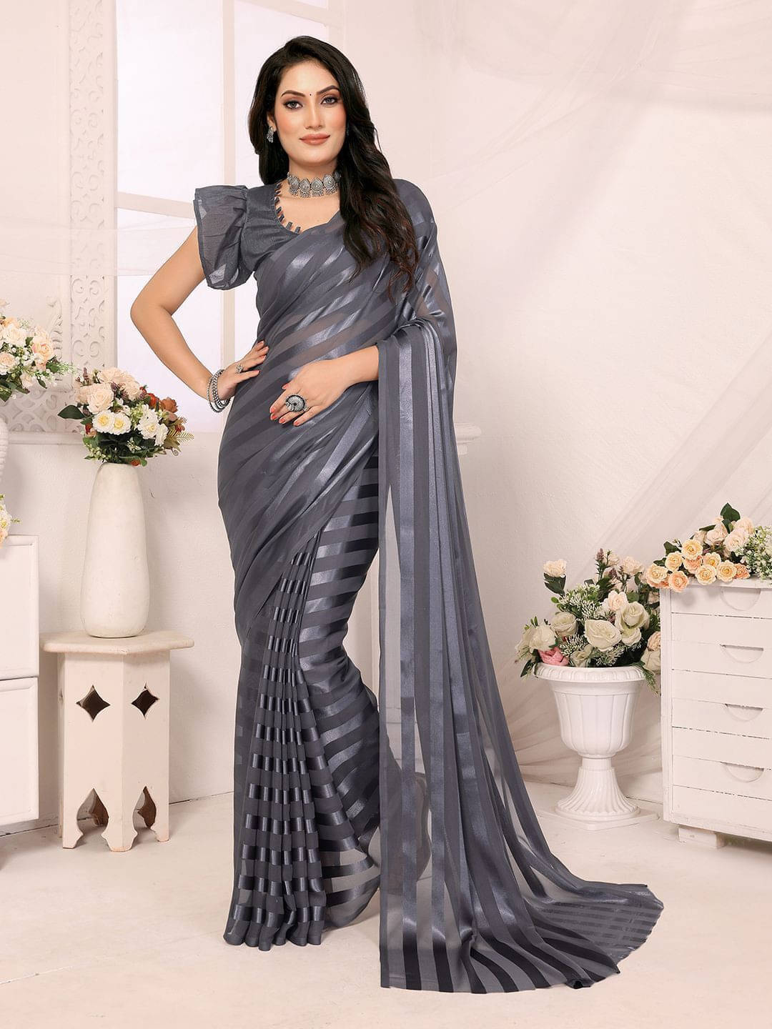     			ANAND SAREES Satin Striped Regular Saree With Unstitched Blouse Piece ( Grey )