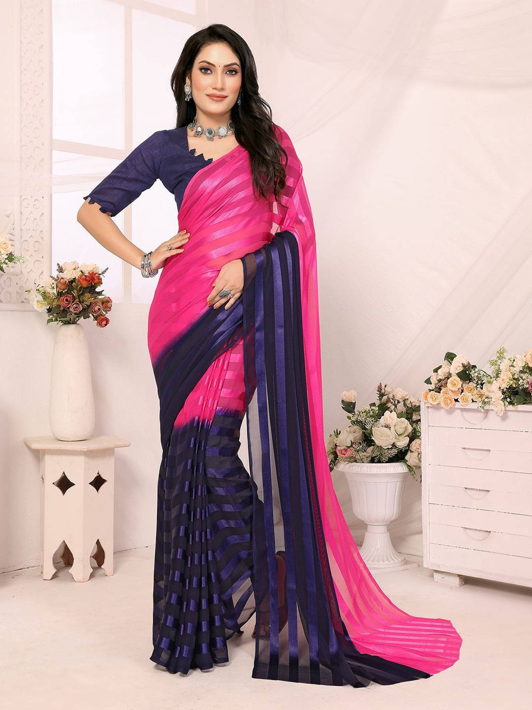 ANAND SAREES Satin Striped Regular Saree With Unstitched Blouse Piece ( Pink ) ANAND SAREES Satin Striped Regular Saree With Unstitched Blouse Piece ( Pink )
