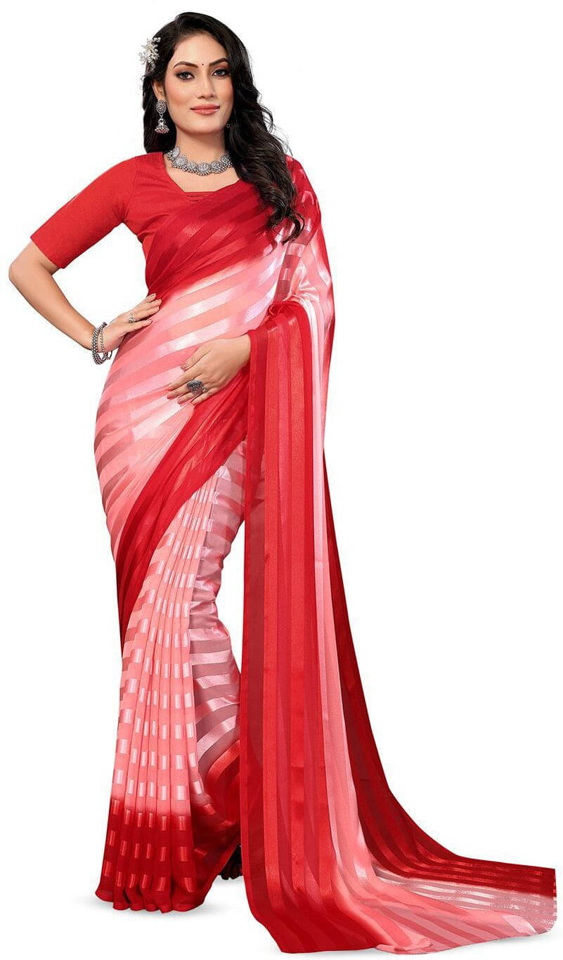     			ANAND SAREES Satin Striped Regular Saree With Unstitched Blouse Piece ( Red )