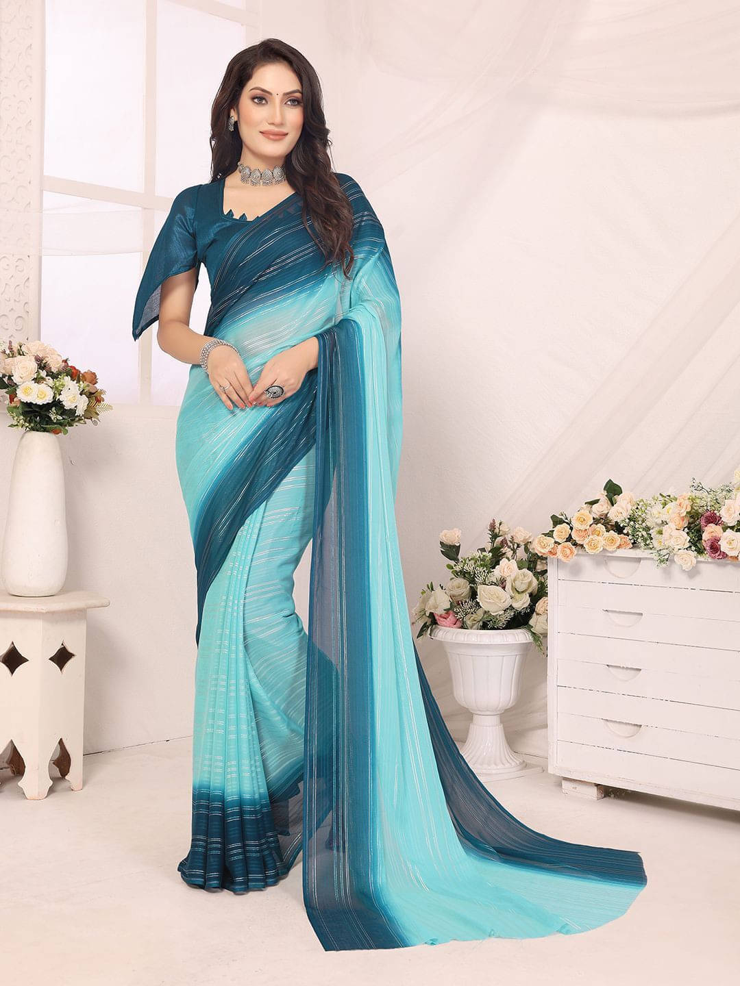 ANAND SAREES Satin Striped Regular Saree With Unstitched Blouse Piece ( Blue ) ANAND SAREES Satin Striped Regular Saree With Unstitched Blouse Piece ( Blue )