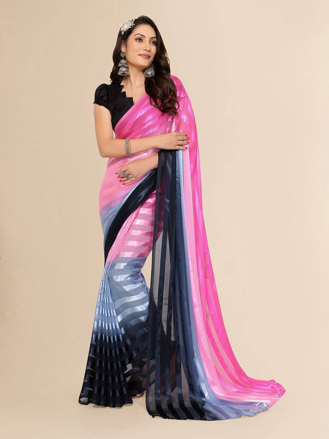 ANAND SAREES Satin Striped Regular Saree With Unstitched Blouse Piece ( Pink ) ANAND SAREES Satin Striped Regular Saree With Unstitched Blouse Piece ( Pink )