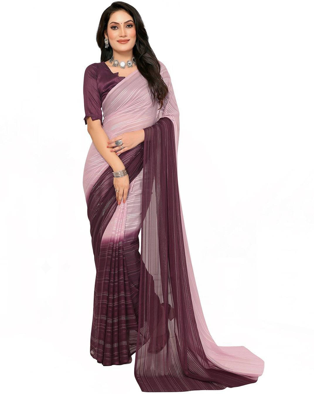     			ANAND SAREES Satin Striped Regular Saree With Unstitched Blouse Piece ( Pink )