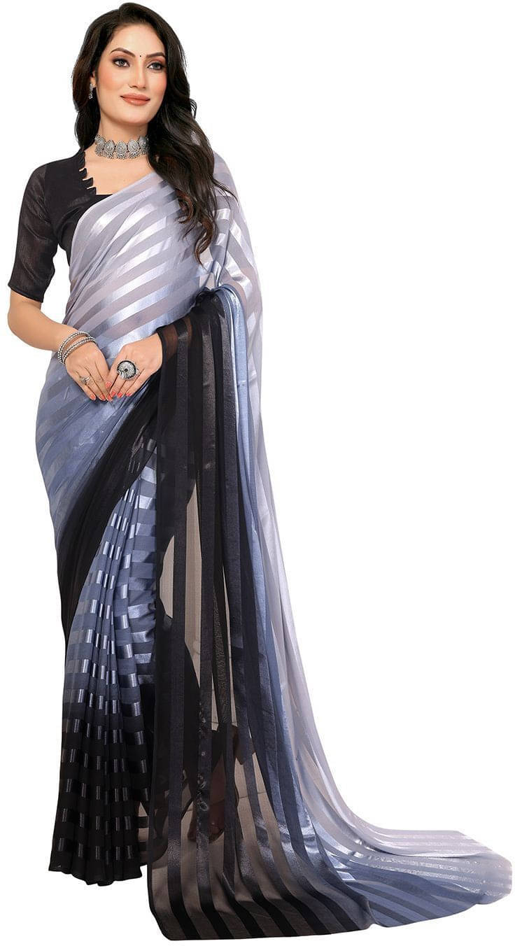 ANAND SAREES Satin Striped Regular Saree With Unstitched Blouse Piece ( Grey ) ANAND SAREES Satin Striped Regular Saree With Unstitched Blouse Piece ( Grey )