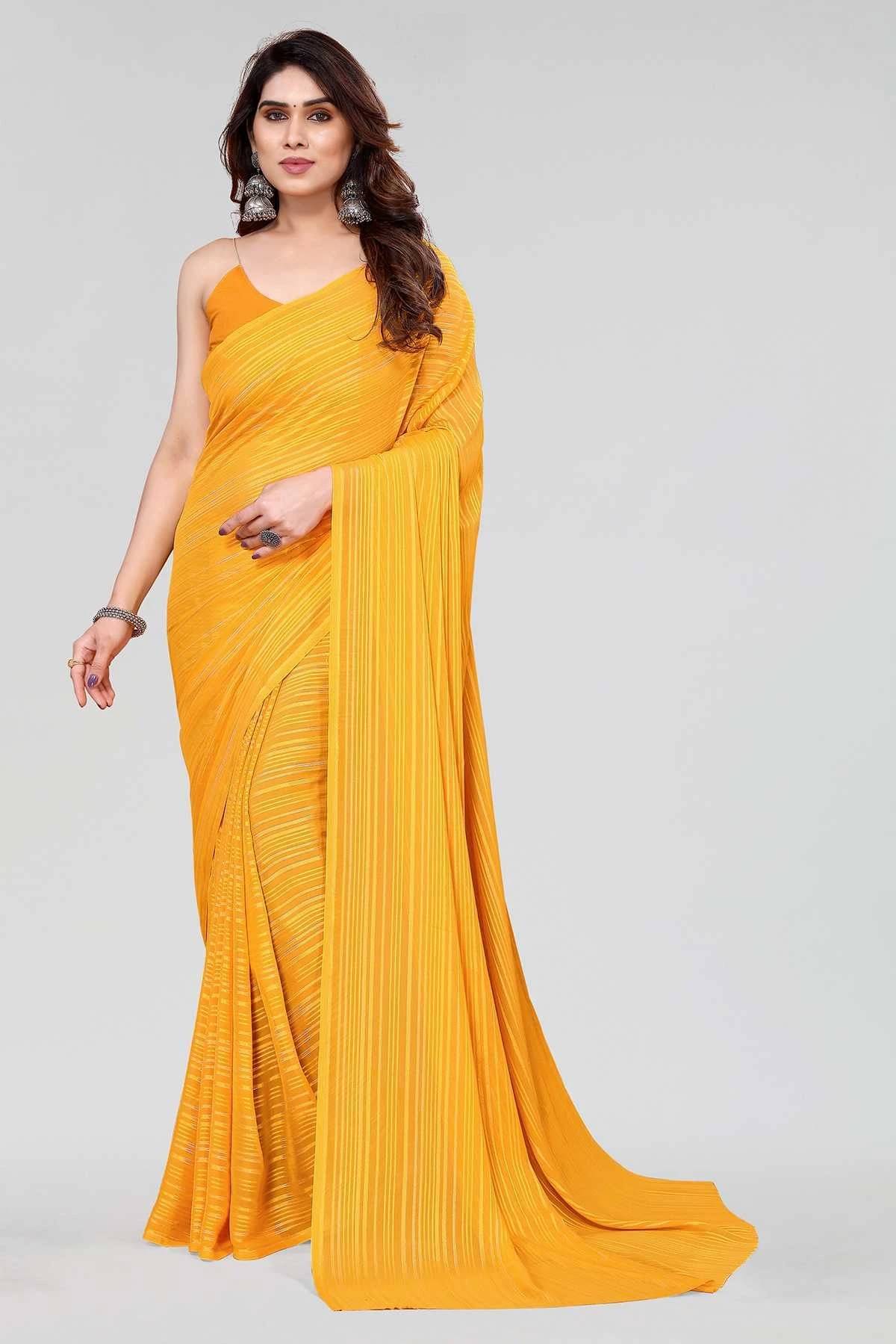     			ANAND SAREES Satin Striped Regular Saree With Unstitched Blouse Piece ( Yellow )