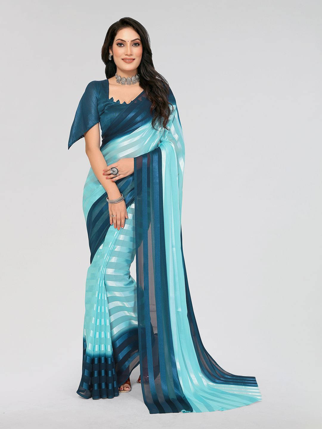 ANAND SAREES Satin Striped Regular Saree With Unstitched Blouse Piece ( Blue ) ANAND SAREES Satin Striped Regular Saree With Unstitched Blouse Piece ( Blue )