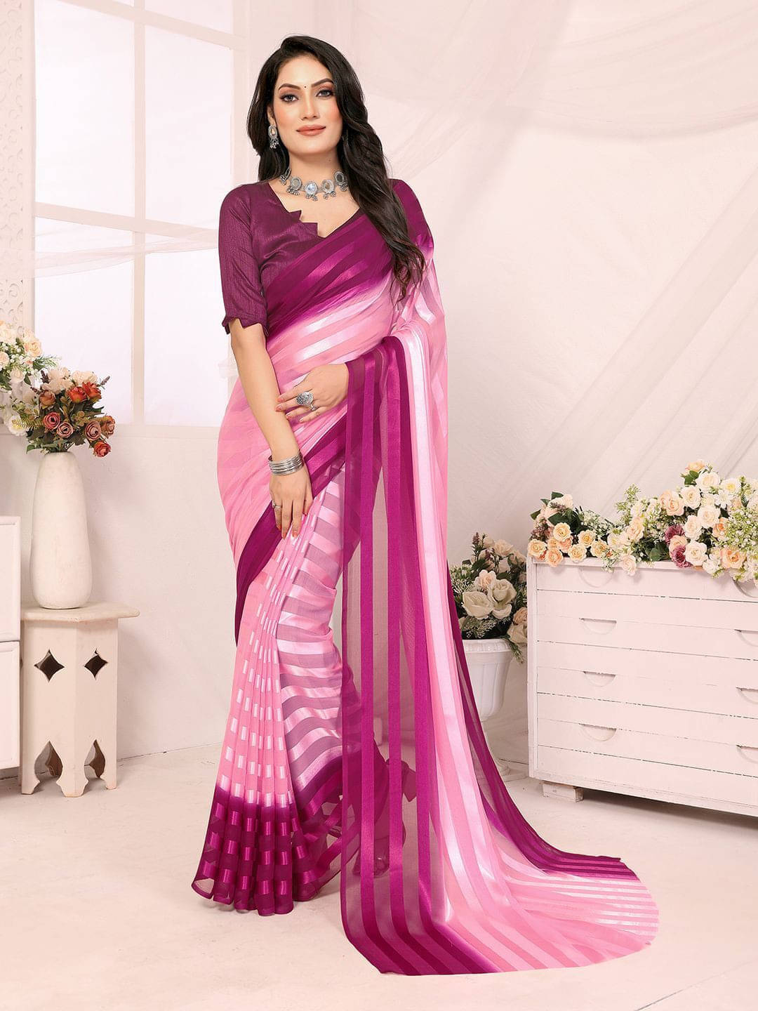 ANAND SAREES Satin Striped Regular Saree With Unstitched Blouse Piece ( Purple ) ANAND SAREES Satin Striped Regular Saree With Unstitched Blouse Piece ( Purple )