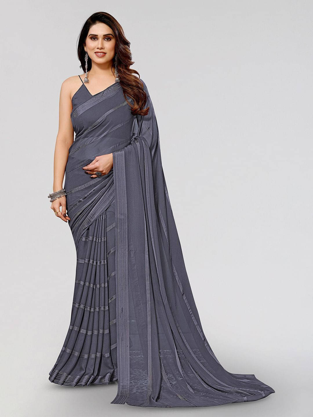 ANAND SAREES Satin Striped Regular Saree With Unstitched Blouse Piece ( Grey ) ANAND SAREES Satin Striped Regular Saree With Unstitched Blouse Piece ( Grey )