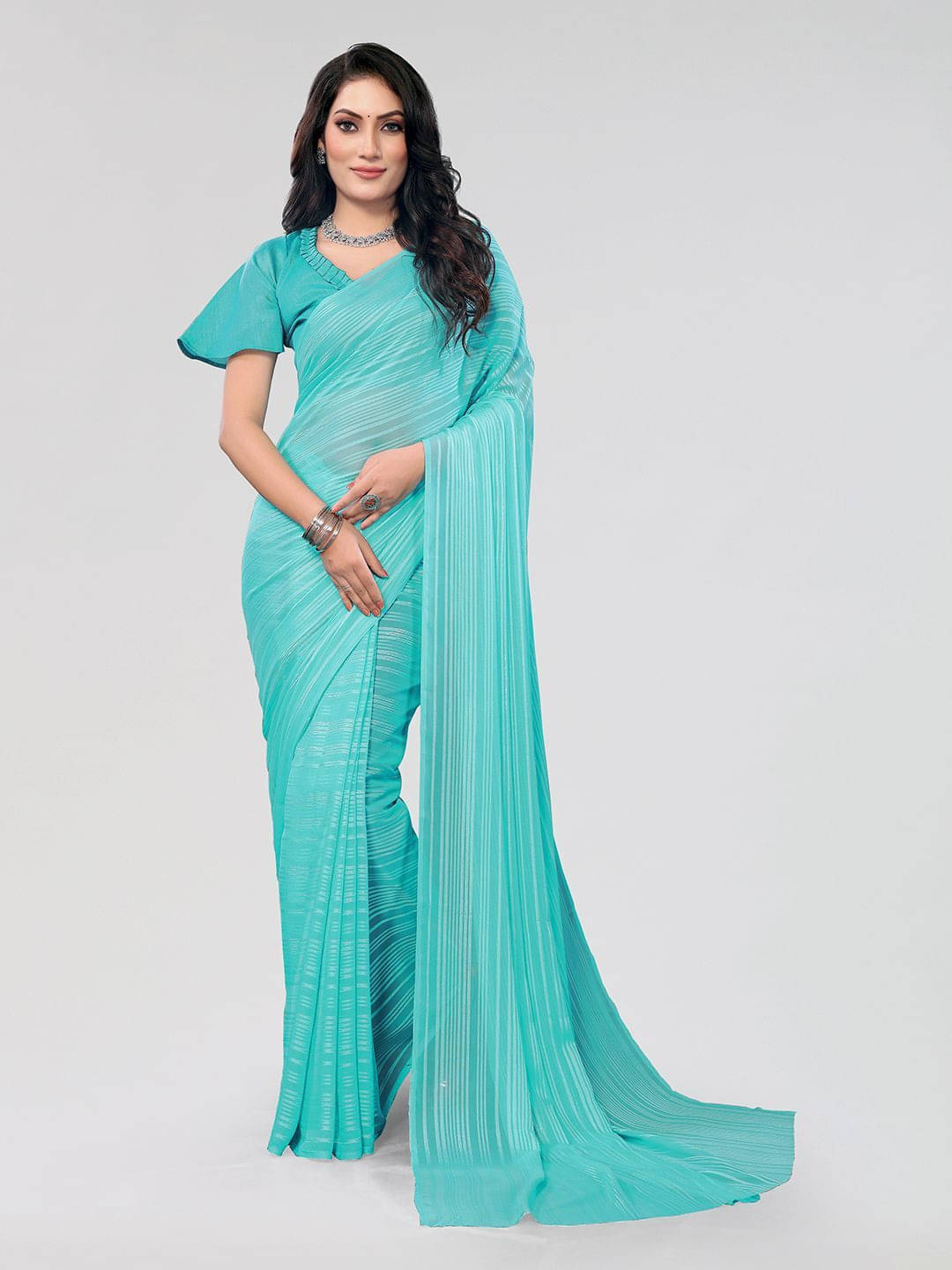    			ANAND SAREES Satin Striped Regular Saree With Unstitched Blouse Piece ( Blue )