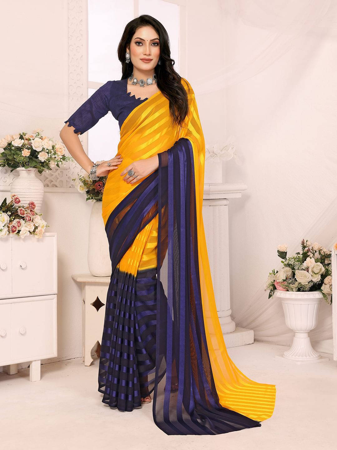 ANAND SAREES Satin Striped Regular Saree With Unstitched Blouse Piece ( Yellow ) ANAND SAREES Satin Striped Regular Saree With Unstitched Blouse Piece ( Yellow )