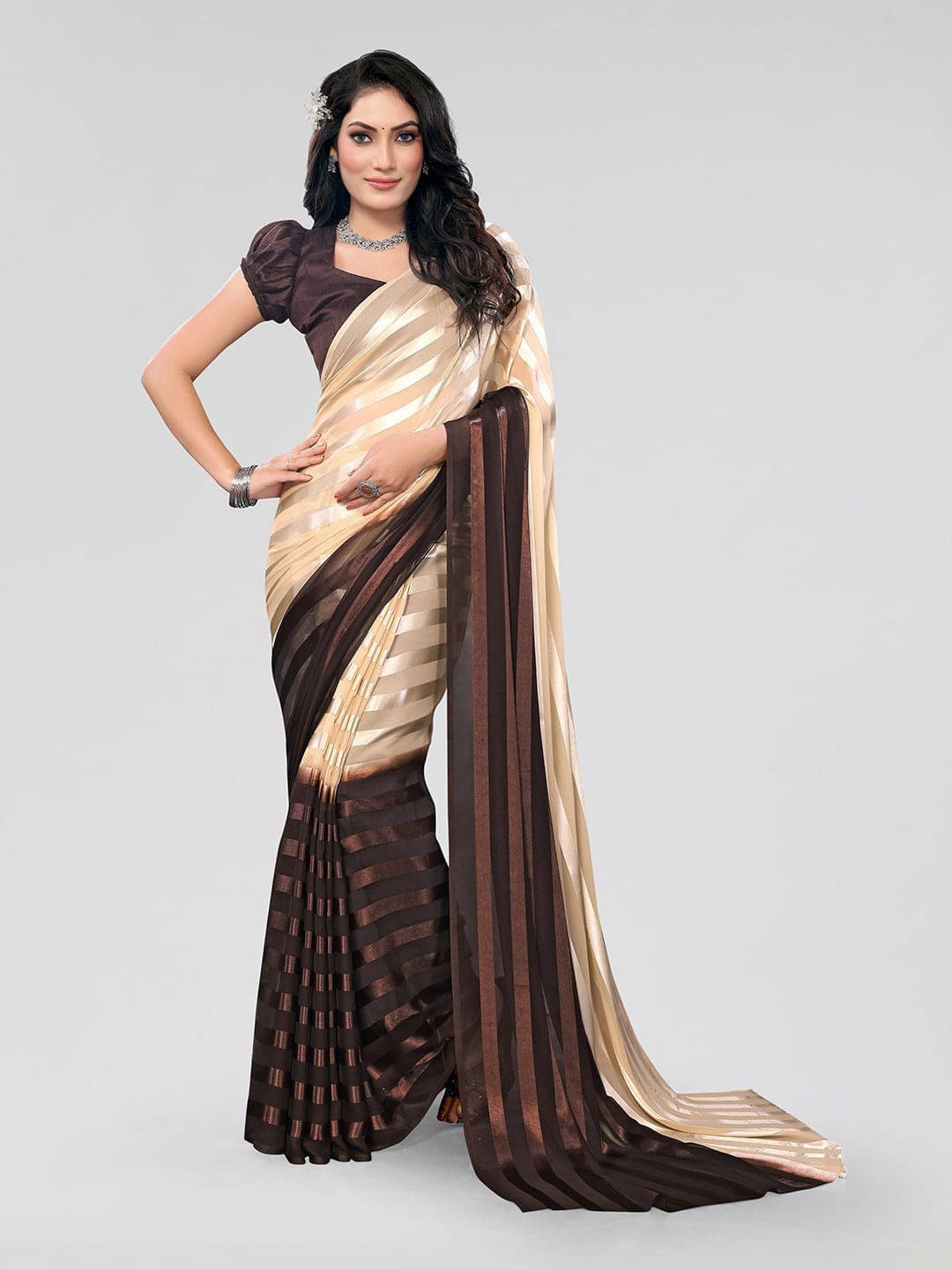 ANAND SAREES Satin Striped Regular Saree With Unstitched Blouse Piece ( Beige ) ANAND SAREES Satin Striped Regular Saree With Unstitched Blouse Piece ( Beige )