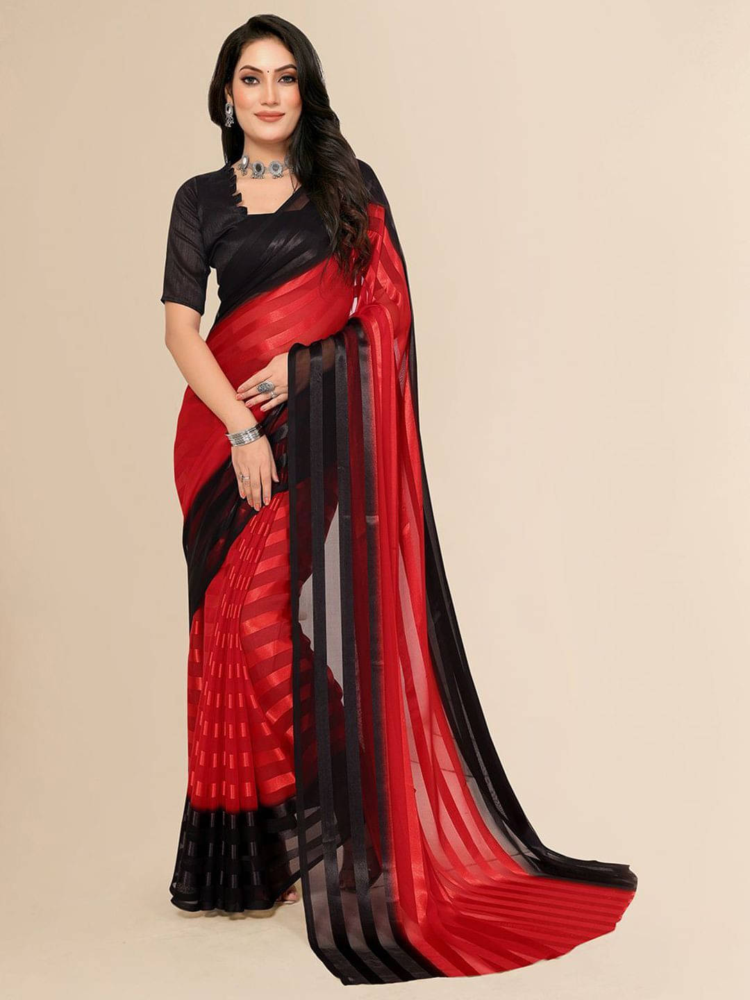ANAND SAREES Satin Striped Regular Saree With Unstitched Blouse Piece ( Red ) ANAND SAREES Satin Striped Regular Saree With Unstitched Blouse Piece ( Red )