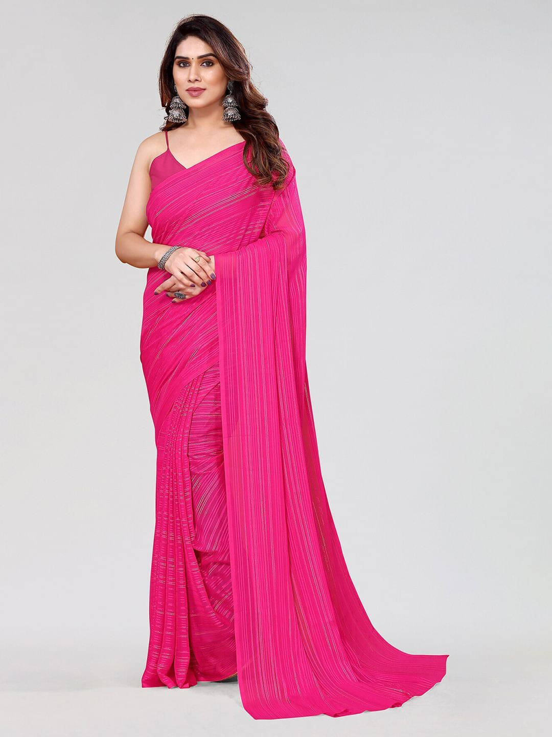     			ANAND SAREES Satin Striped Regular Saree With Unstitched Blouse Piece ( Pink )