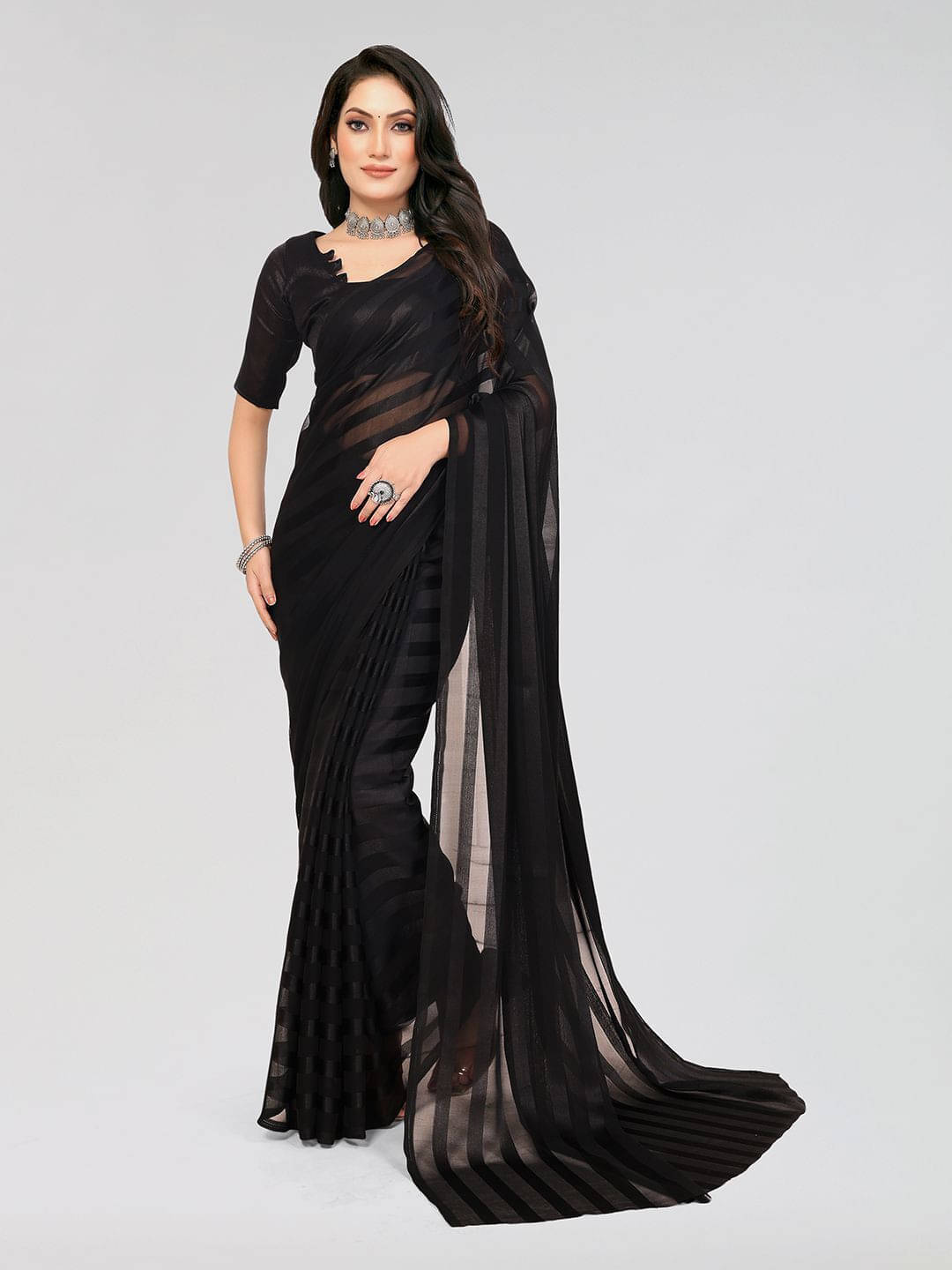 ANAND SAREES Satin Striped Regular Saree With Unstitched Blouse Piece ( Black ) ANAND SAREES Satin Striped Regular Saree With Unstitched Blouse Piece ( Black )