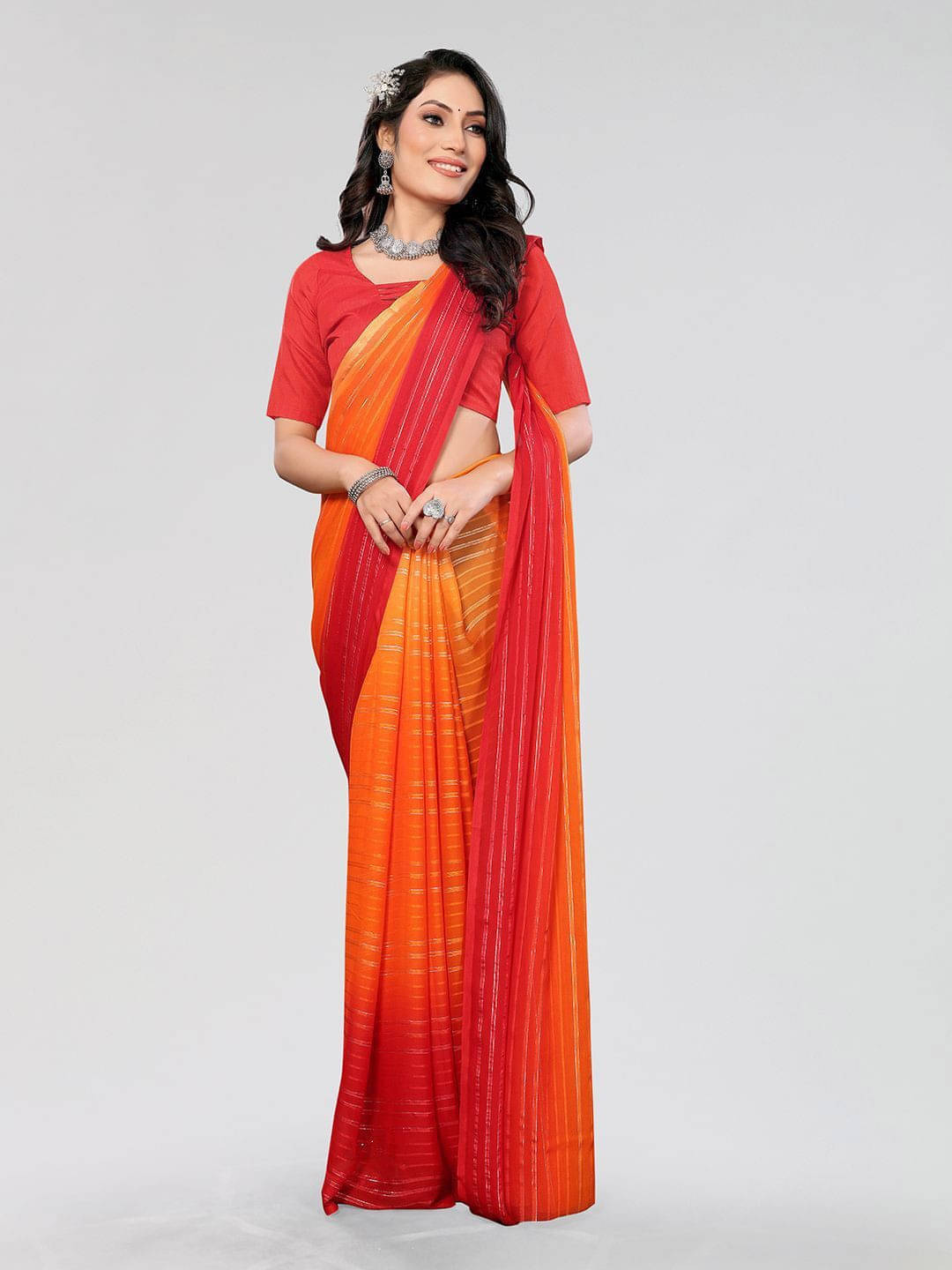 ANAND SAREES Satin Striped Regular Saree With Unstitched Blouse Piece ( Orange ) ANAND SAREES Satin Striped Regular Saree With Unstitched Blouse Piece ( Orange )