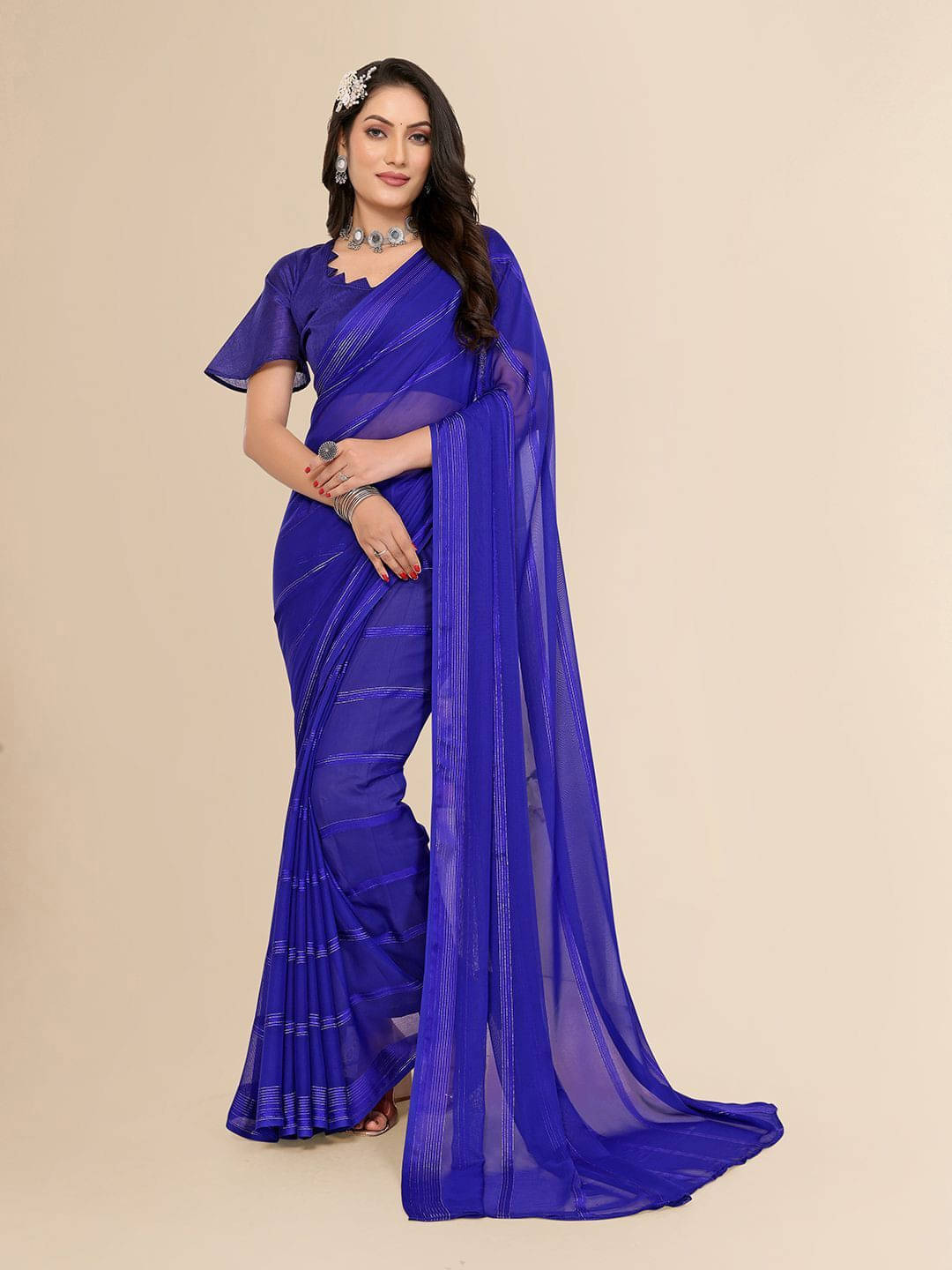 ANAND SAREES Satin Striped Regular Saree With Unstitched Blouse Piece ( Blue ) ANAND SAREES Satin Striped Regular Saree With Unstitched Blouse Piece ( Blue )