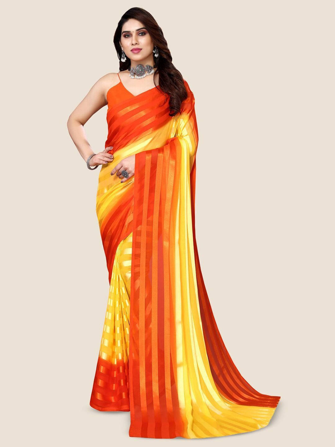 ANAND SAREES Satin Striped Regular Saree With Unstitched Blouse Piece ( Orange ) ANAND SAREES Satin Striped Regular Saree With Unstitched Blouse Piece ( Orange )