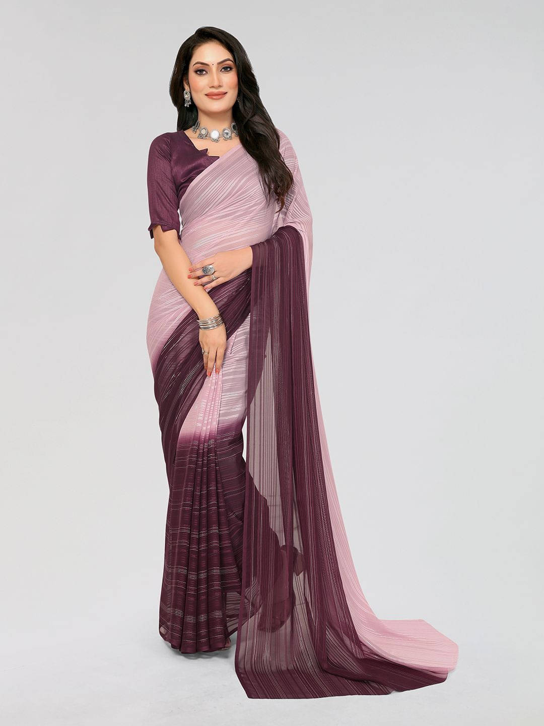 ANAND SAREES Satin Striped Regular Saree With Unstitched Blouse Piece ( Pink ) ANAND SAREES Satin Striped Regular Saree With Unstitched Blouse Piece ( Pink )