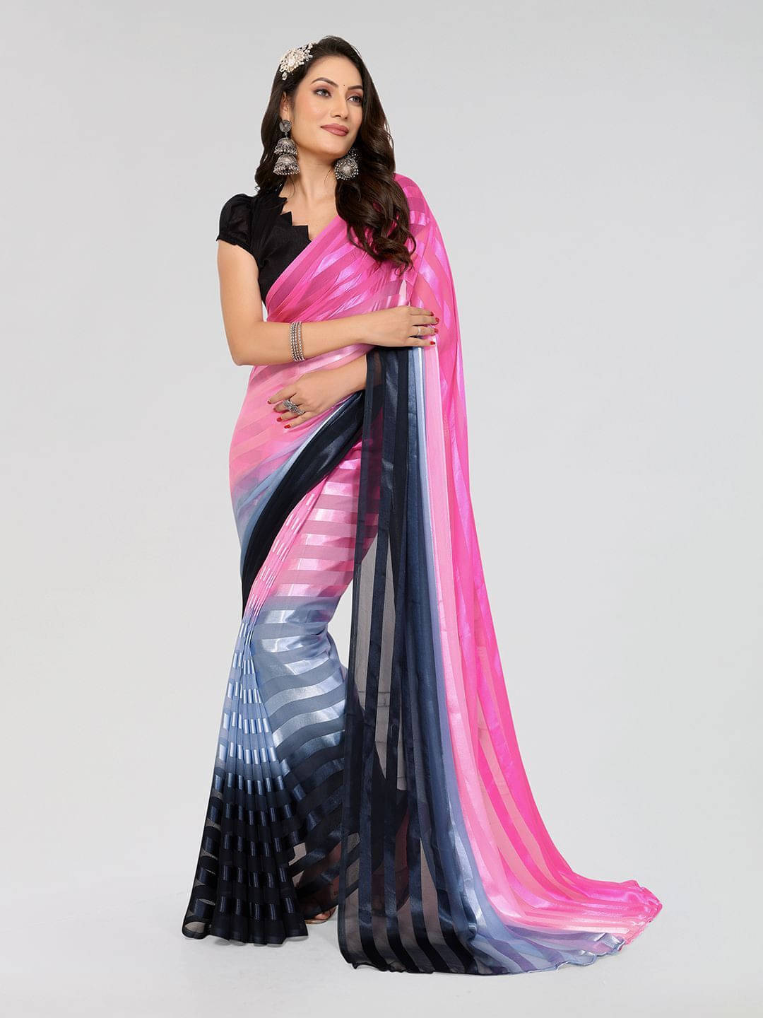 ANAND SAREES Satin Striped Regular Saree With Unstitched Blouse Piece ( Pink ) ANAND SAREES Satin Striped Regular Saree With Unstitched Blouse Piece ( Pink )