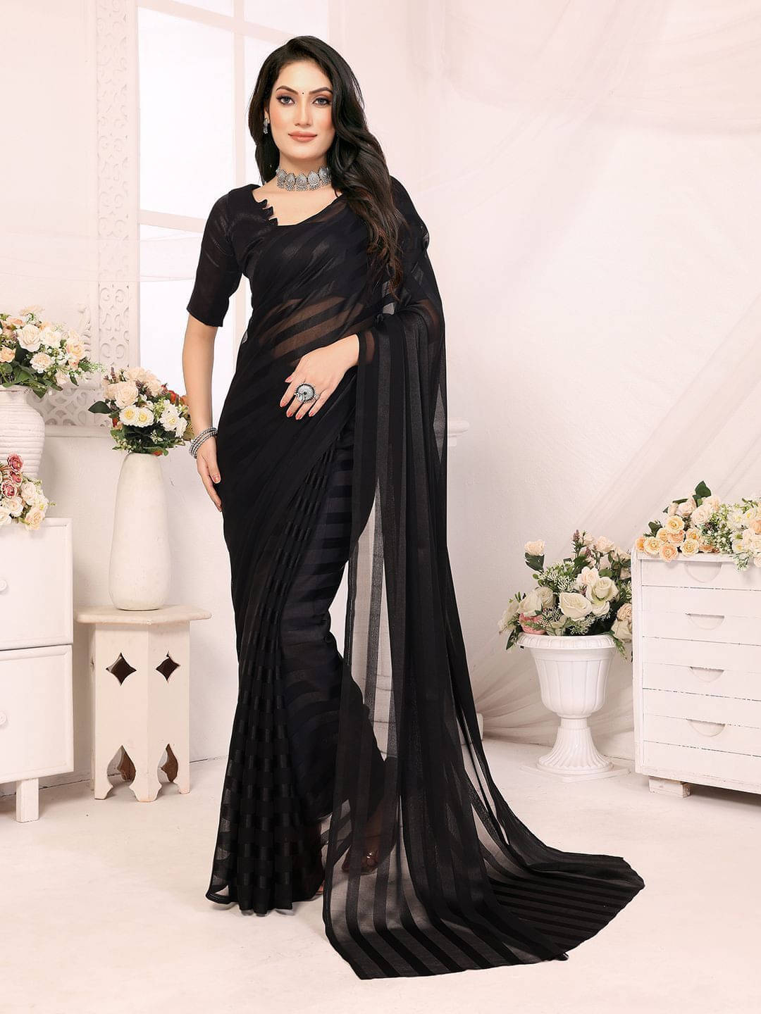 ANAND SAREES Satin Striped Regular Saree With Unstitched Blouse Piece ( Black ) ANAND SAREES Satin Striped Regular Saree With Unstitched Blouse Piece ( Black )