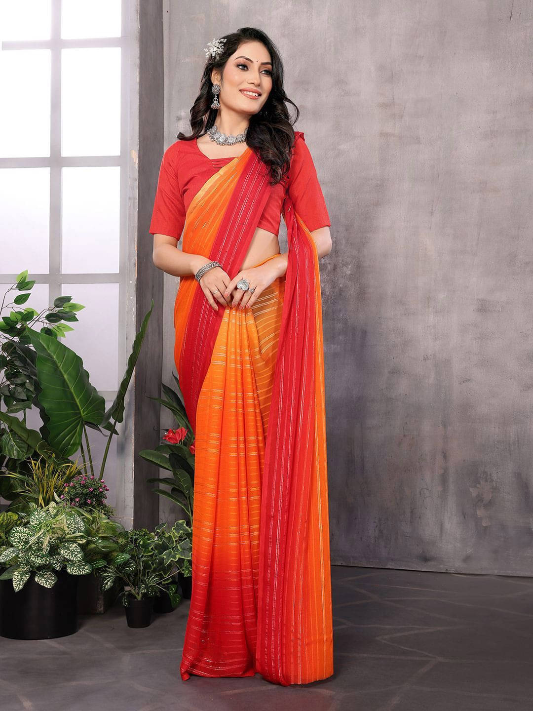 ANAND SAREES Satin Striped Regular Saree With Unstitched Blouse Piece ( Orange ) ANAND SAREES Satin Striped Regular Saree With Unstitched Blouse Piece ( Orange )