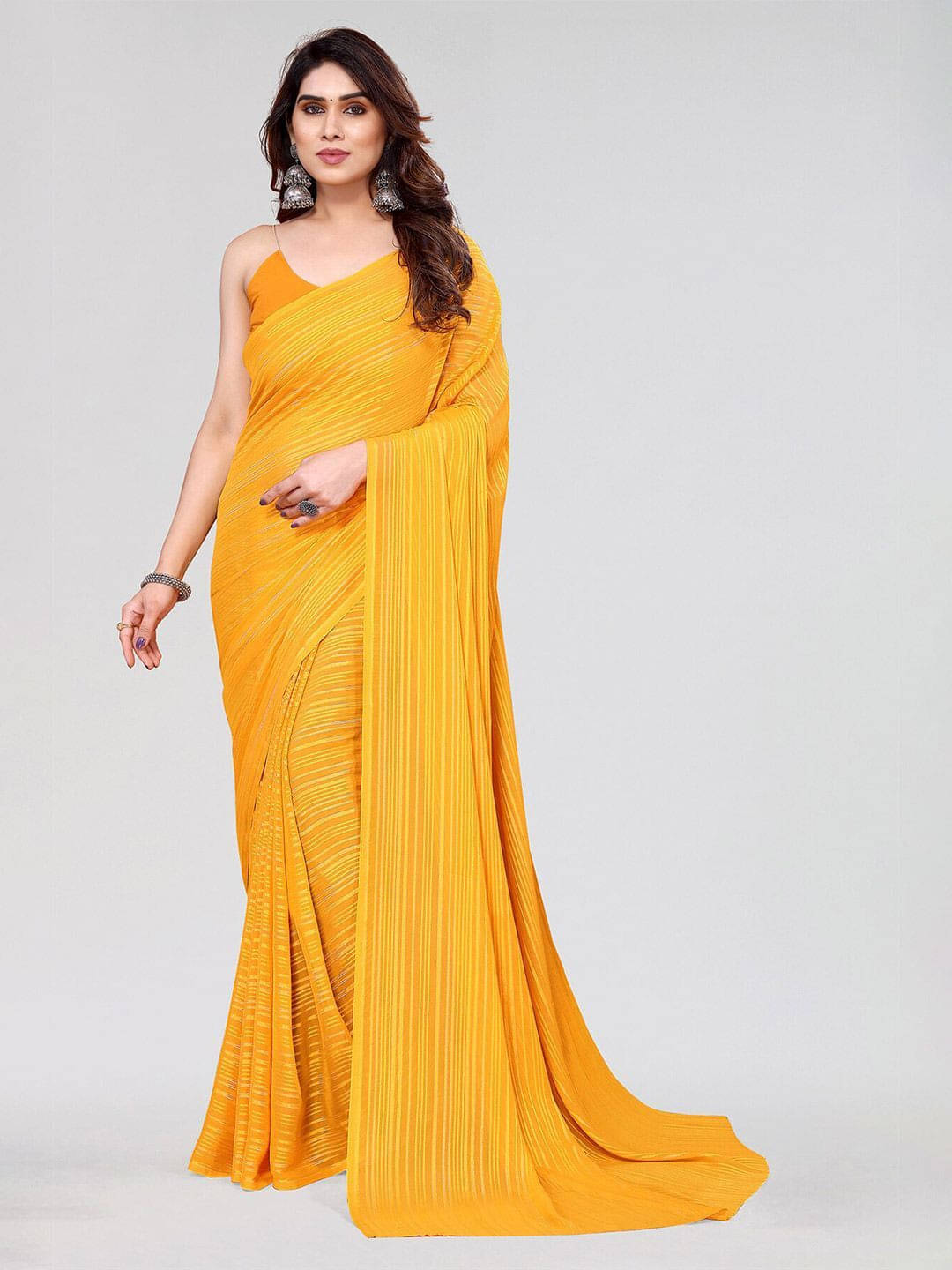     			ANAND SAREES Satin Striped Regular Saree With Unstitched Blouse Piece ( Yellow )