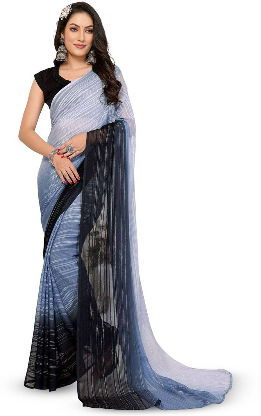 ANAND SAREES Satin Striped Regular Saree With Unstitched Blouse Piece ( Grey ) ANAND SAREES Satin Striped Regular Saree With Unstitched Blouse Piece ( Grey )