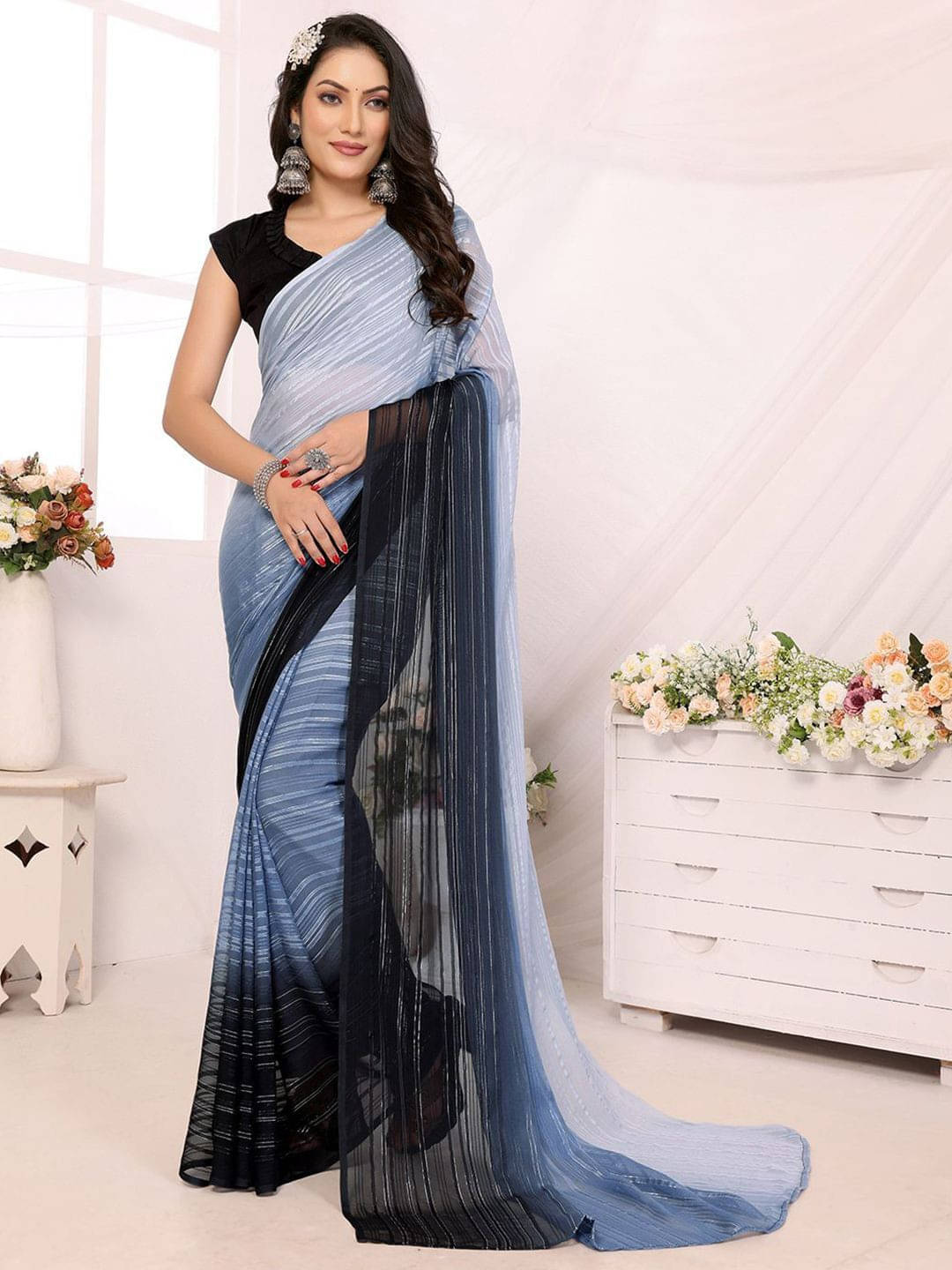 ANAND SAREES Satin Striped Regular Saree With Unstitched Blouse Piece ( Grey )     			ANAND SAREES Satin Striped Regular Saree With Unstitched Blouse Piece ( Grey )