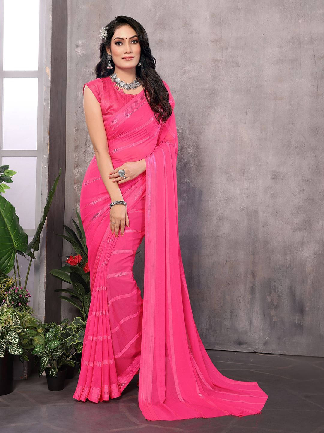     			ANAND SAREES Satin Striped Regular Saree With Unstitched Blouse Piece ( Pink )