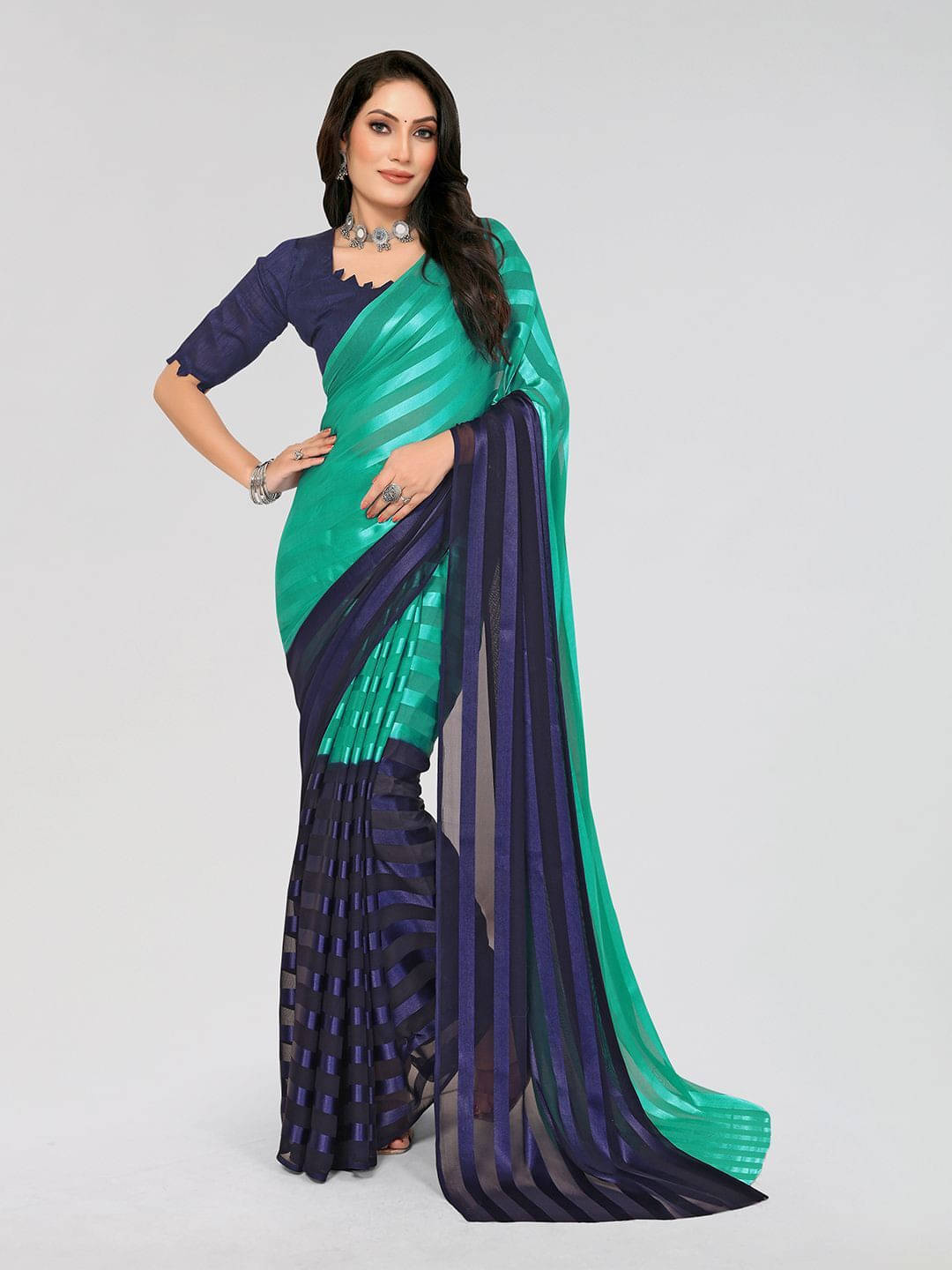 ANAND SAREES Satin Striped Regular Saree With Unstitched Blouse Piece ( Blue ) ANAND SAREES Satin Striped Regular Saree With Unstitched Blouse Piece ( Blue )