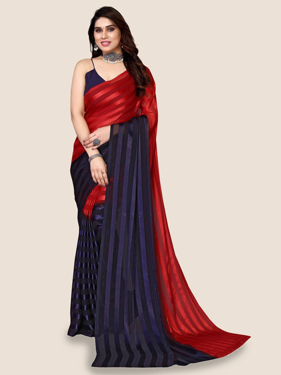     			ANAND SAREES Satin Striped Regular Saree With Unstitched Blouse Piece ( Red )