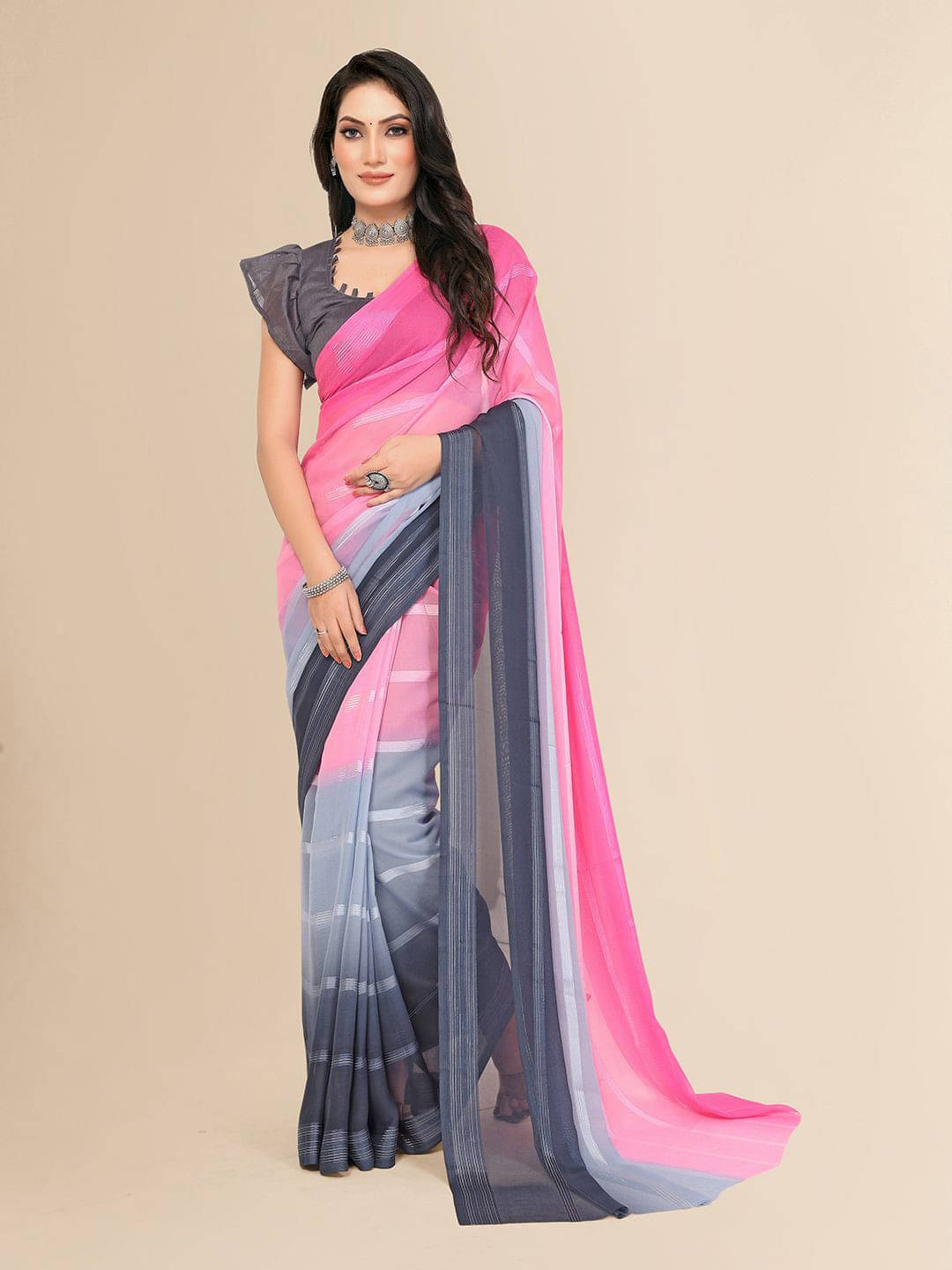 ANAND SAREES Satin Striped Regular Saree With Unstitched Blouse Piece ( Pink ) ANAND SAREES Satin Striped Regular Saree With Unstitched Blouse Piece ( Pink )