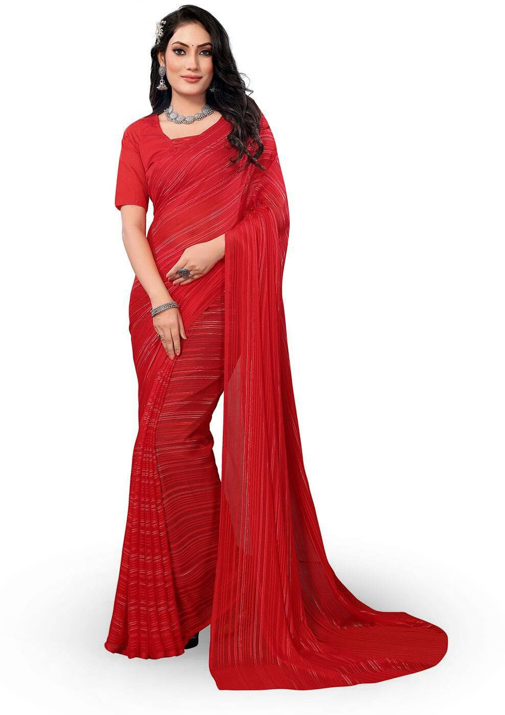 ANAND SAREES Satin Striped Regular Saree With Unstitched Blouse Piece ( Red ) ANAND SAREES Satin Striped Regular Saree With Unstitched Blouse Piece ( Red )