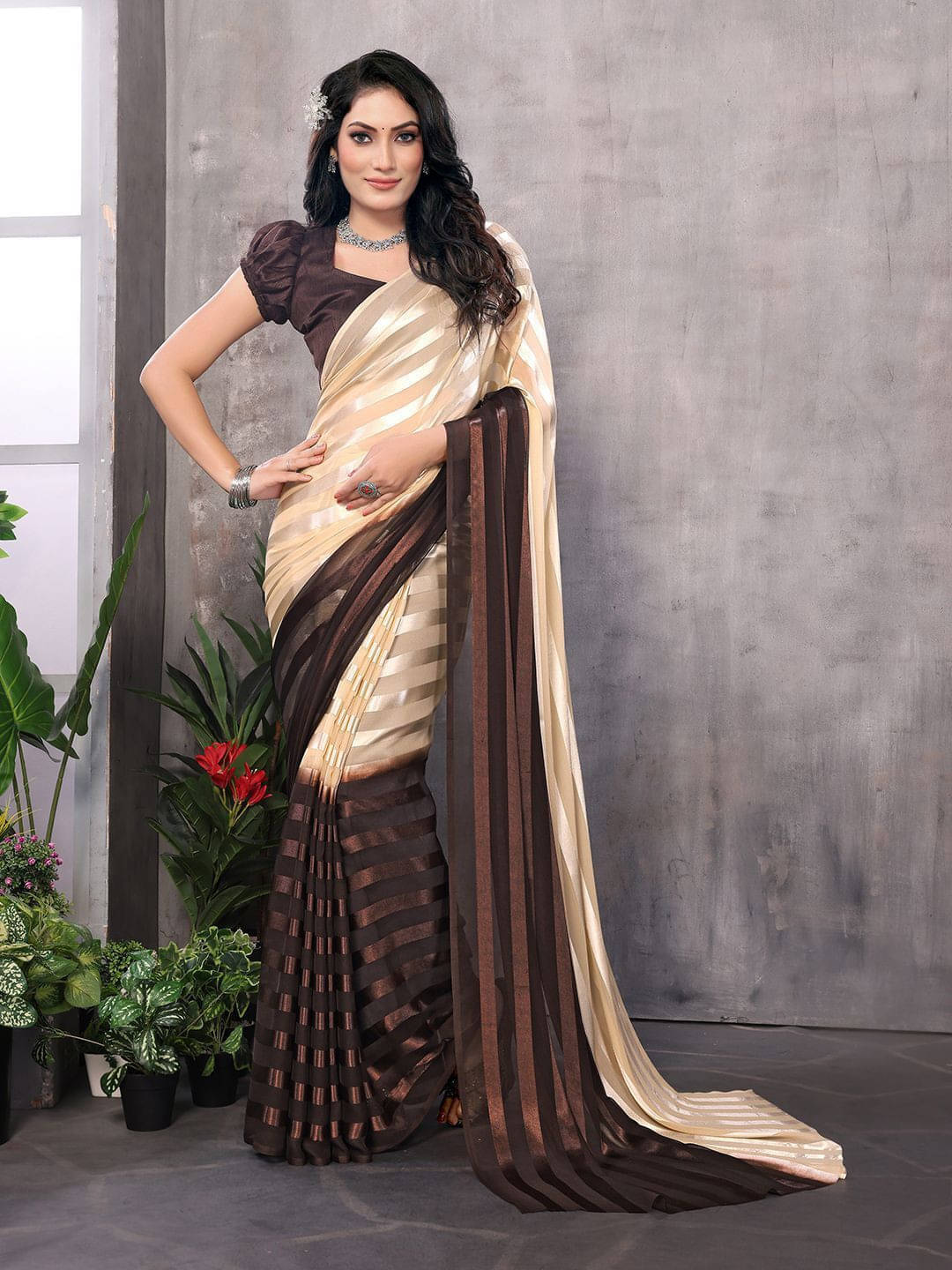     			ANAND SAREES Satin Striped Regular Saree With Unstitched Blouse Piece ( Beige )