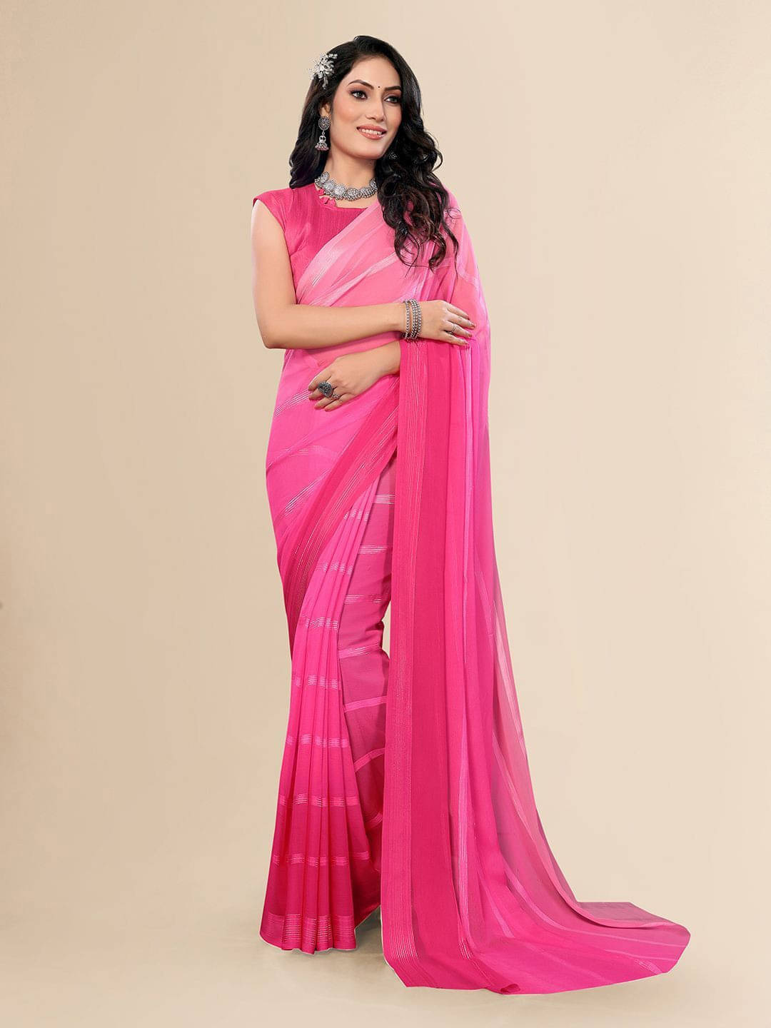     			ANAND SAREES Satin Striped Regular Saree With Unstitched Blouse Piece ( Pink )